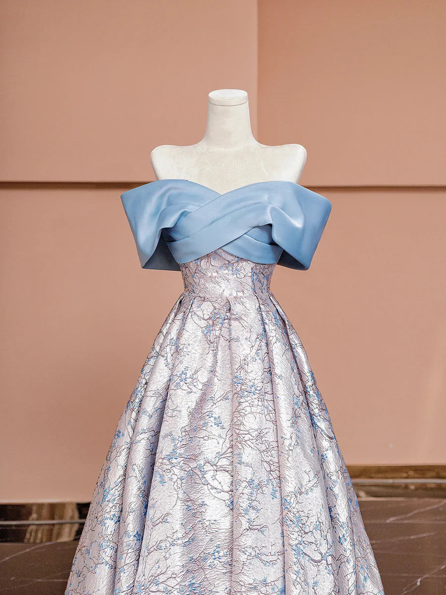 Blue Satin and Floral Pattern Floor Length Prom Dress, Off the Shoulder Evening Party Dress TP141