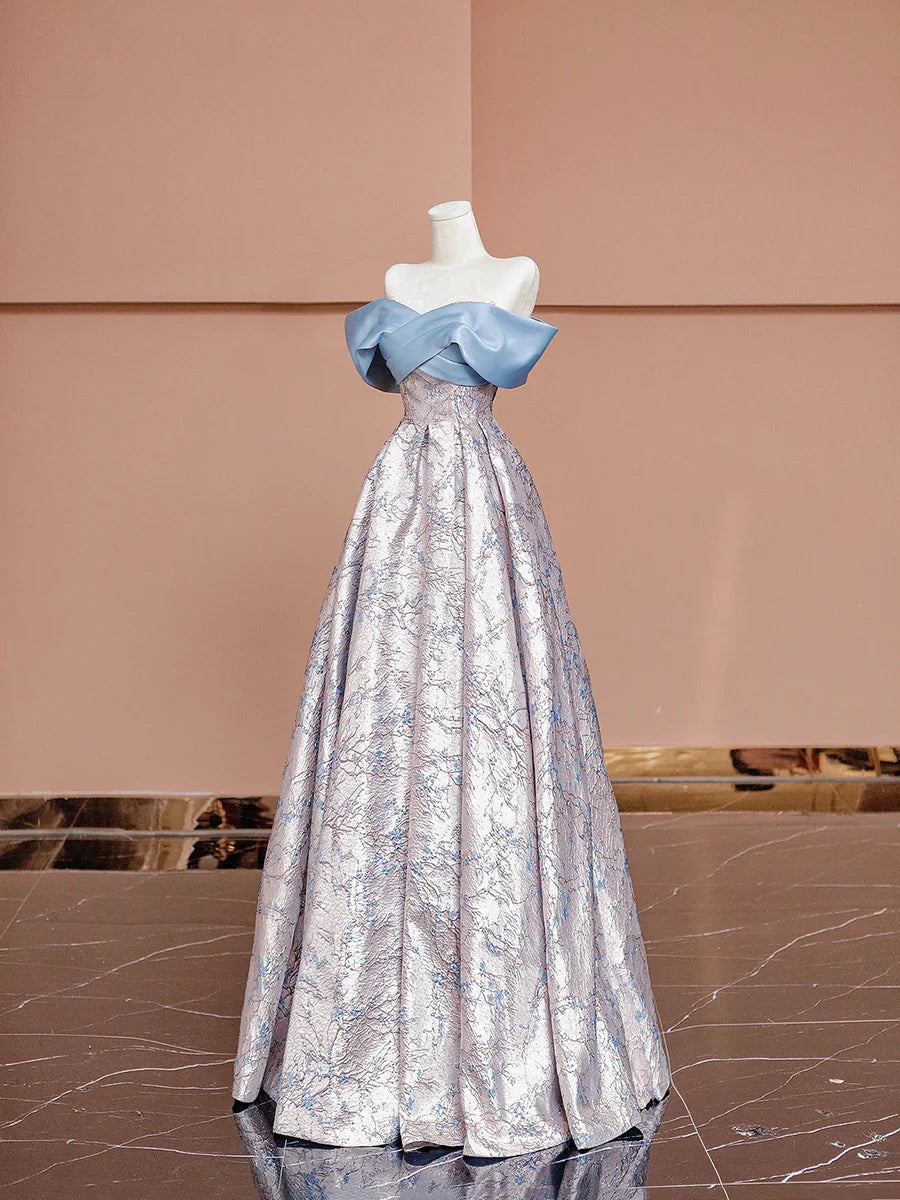 Blue Satin and Floral Pattern Floor Length Prom Dress, Off the Shoulder Evening Party Dress TP141