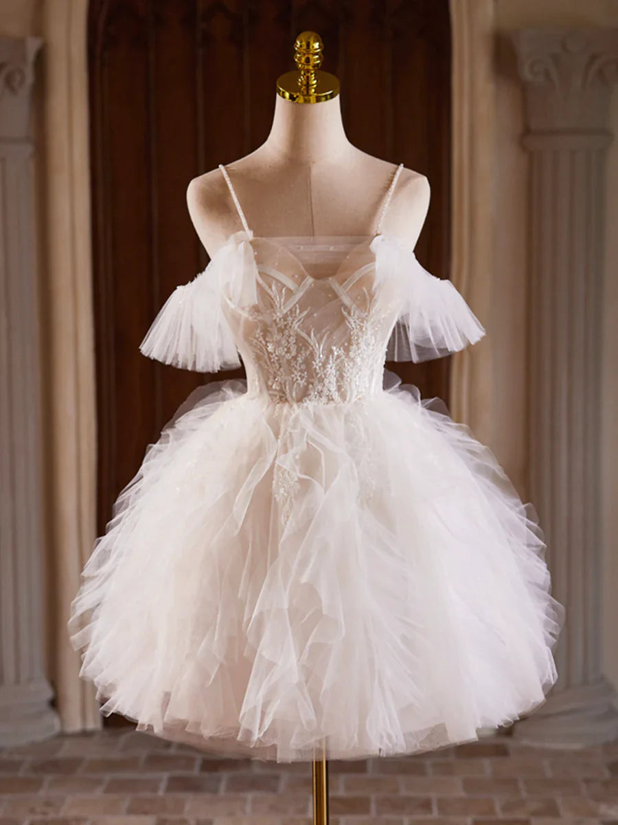 Vestido de fiesta corto de tul con capas en forma de A, color champán, con tirantes finos, TP145