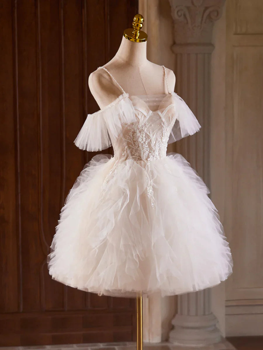 Vestido de fiesta corto de tul con capas en forma de A, color champán, con tirantes finos, TP145