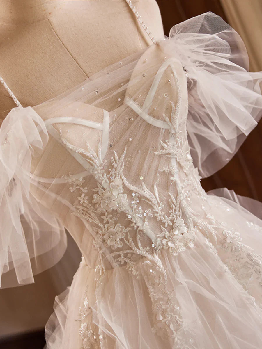 Vestido de fiesta largo de tul con capas, corte A, tirantes finos color marfil, para quinceañeras, TP146