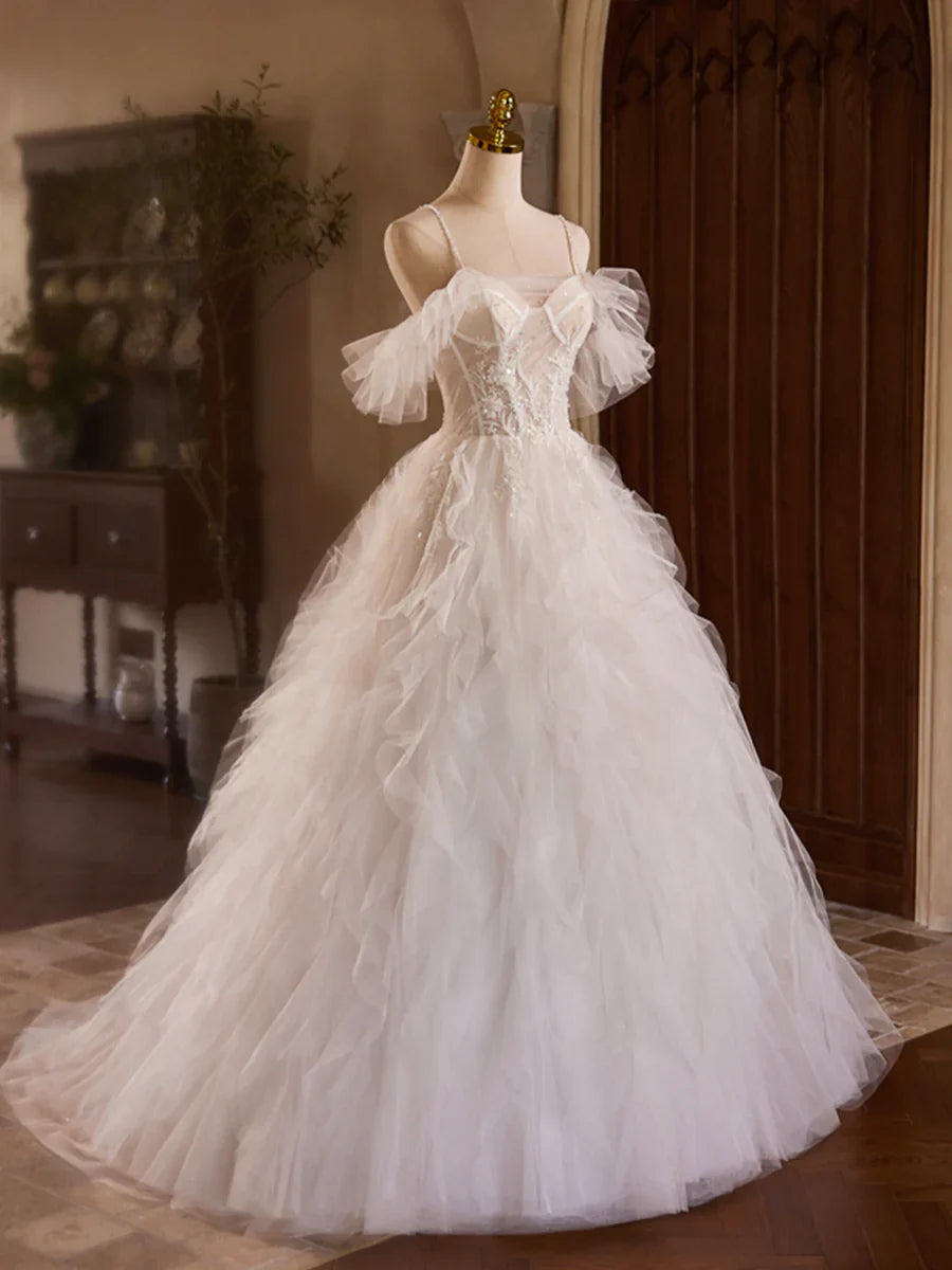 Vestido de fiesta largo de tul con capas, corte A, tirantes finos color marfil, para quinceañeras, TP146