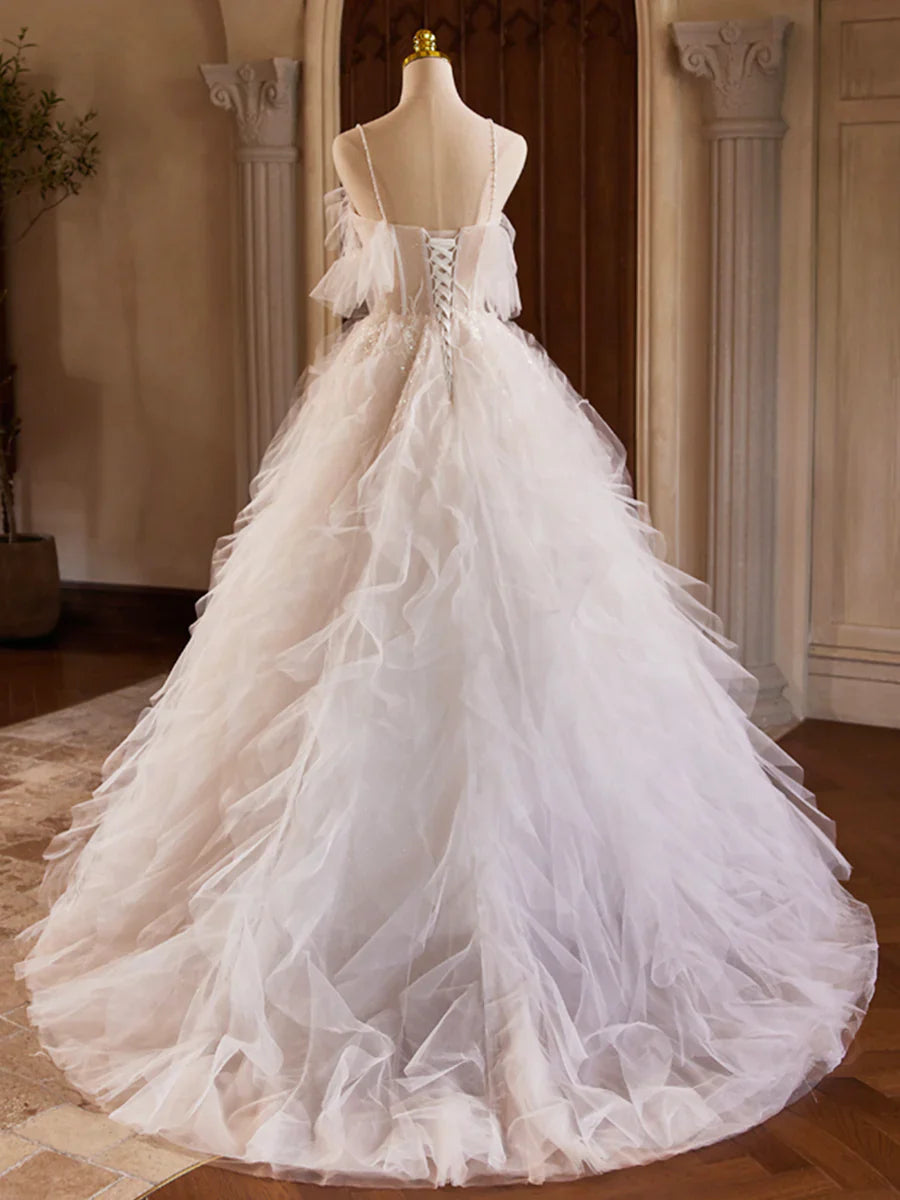Vestido de fiesta largo de tul con capas, corte A, tirantes finos color marfil, para quinceañeras, TP146
