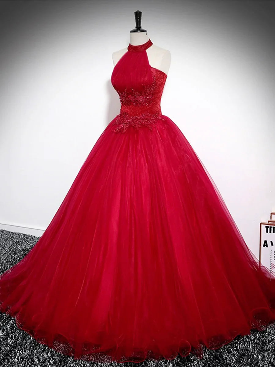 Previous Next Red A-Line Halter Long Prom Dress, Red Backless Evening Formal Dress TP148