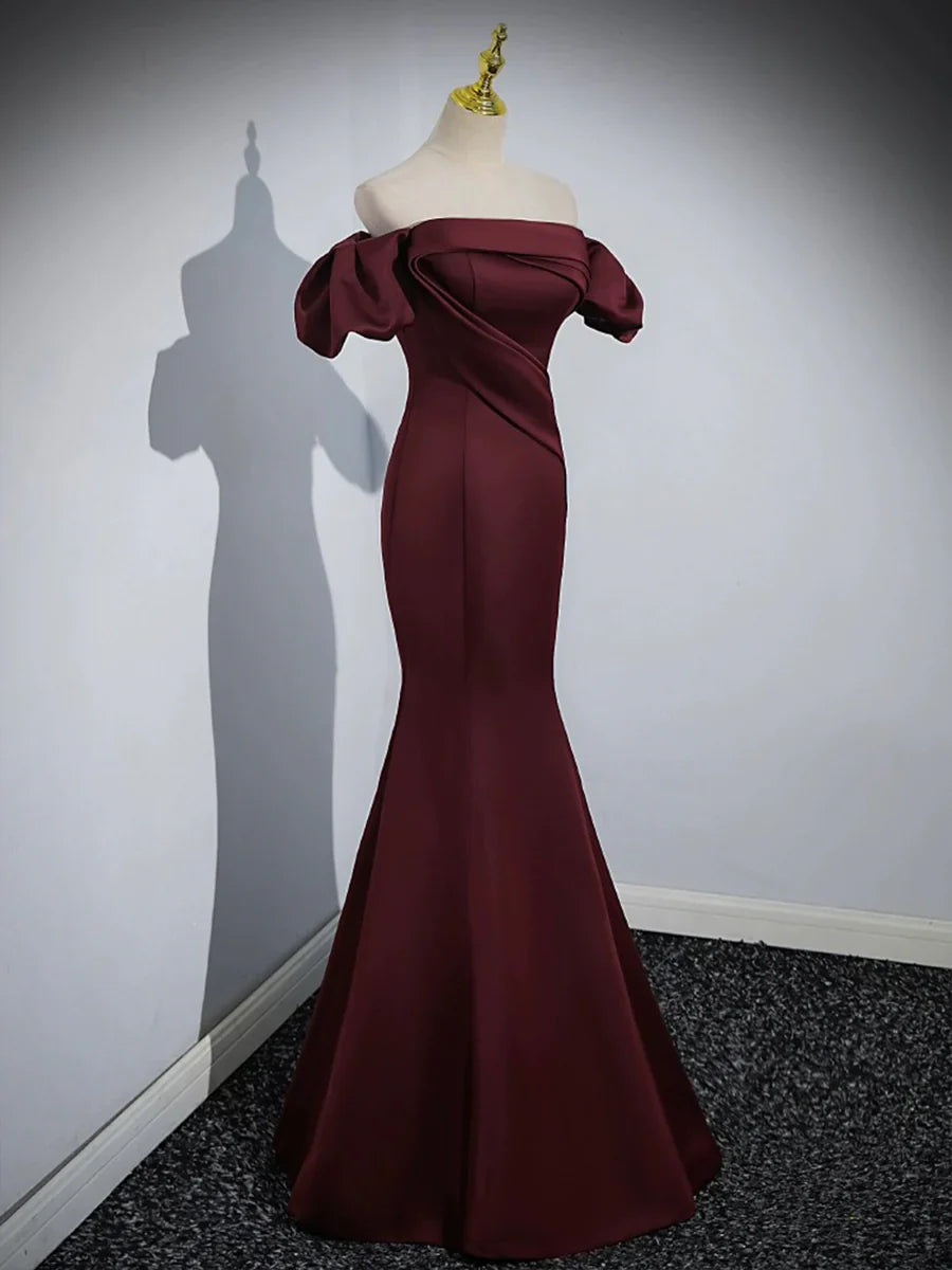Burgundy Satin Long Prom Dress, Mermaid Off the Shoulder Evening Party Dress TP162