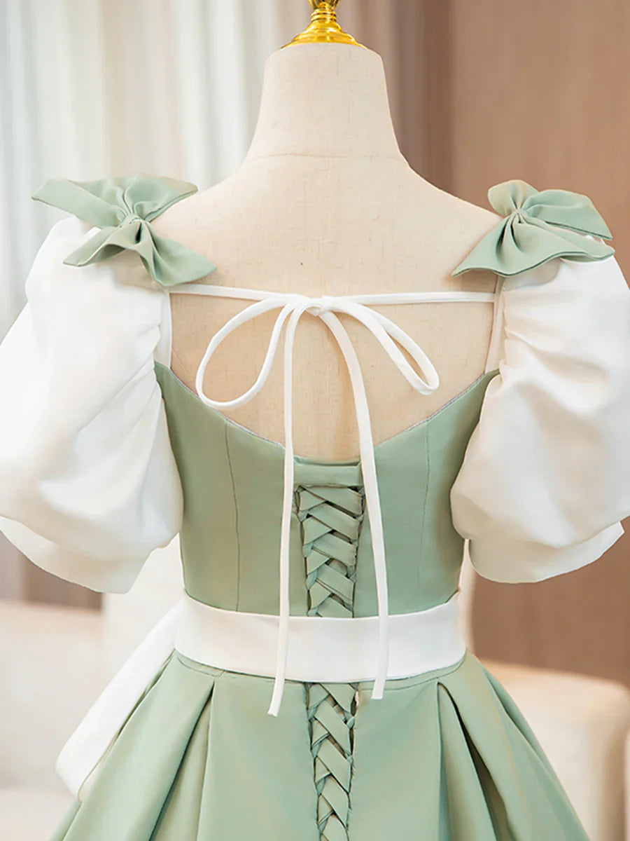 Vestido de fiesta largo de satén blanco y verde, corte A, manga corta, TP167