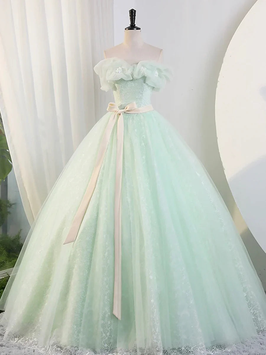 Hermosos vestidos de fiesta de tul verde salvia hasta el suelo, corte A, hombros descubiertos, vestidos de noche TP182