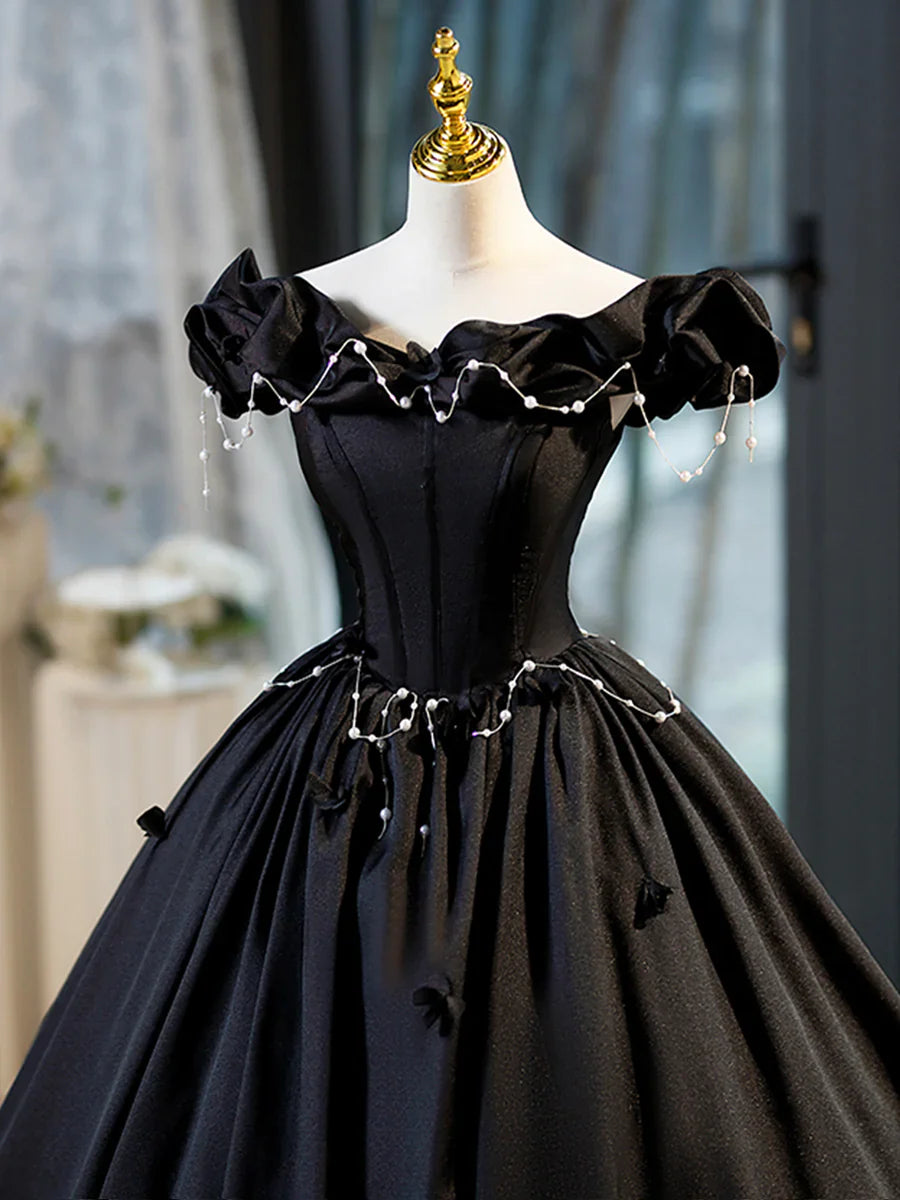 Vestido de fiesta negro de corte A, largo hasta el suelo, con perla y hombros descubiertos, TP187