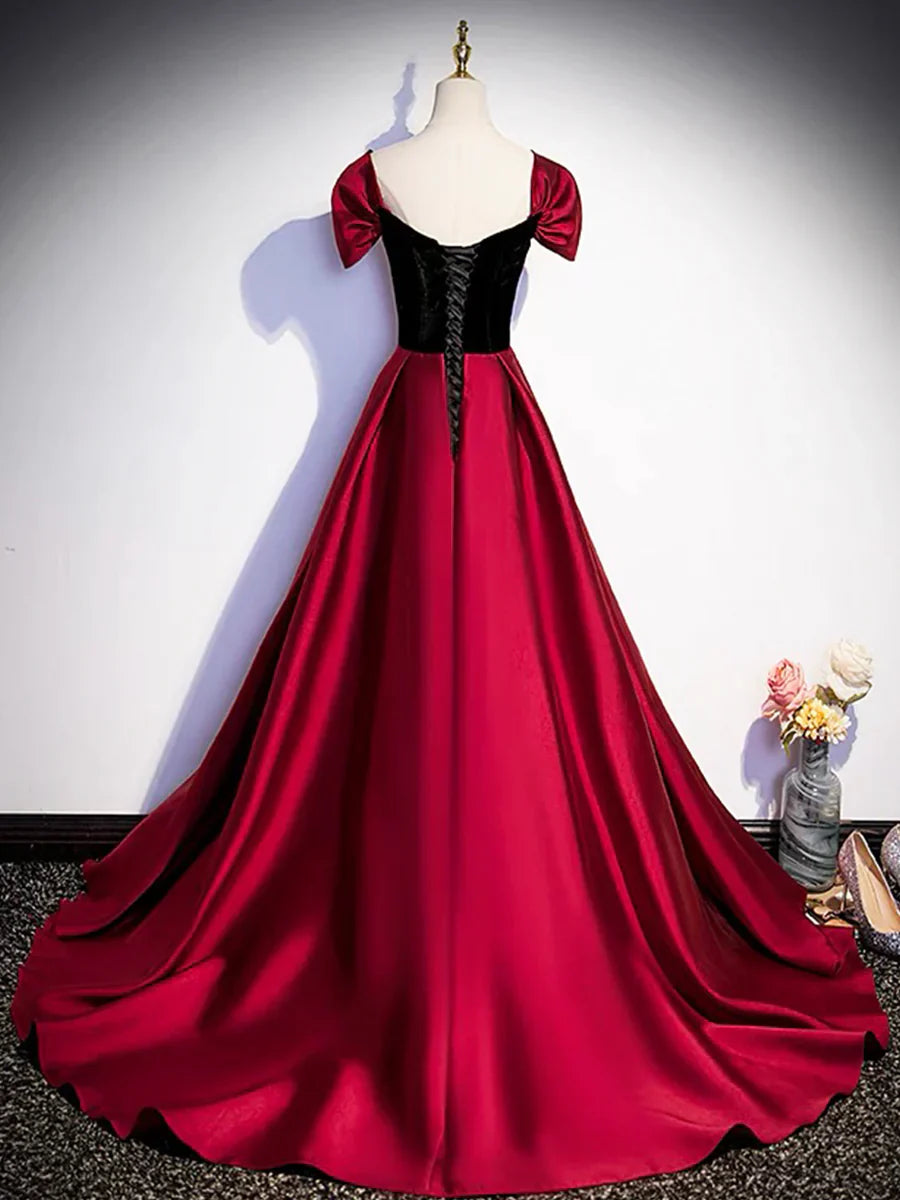 Burgundy Satin Strapless Prom Dress, Simple A-Line Party Dress with Detachable Sleeve TP194