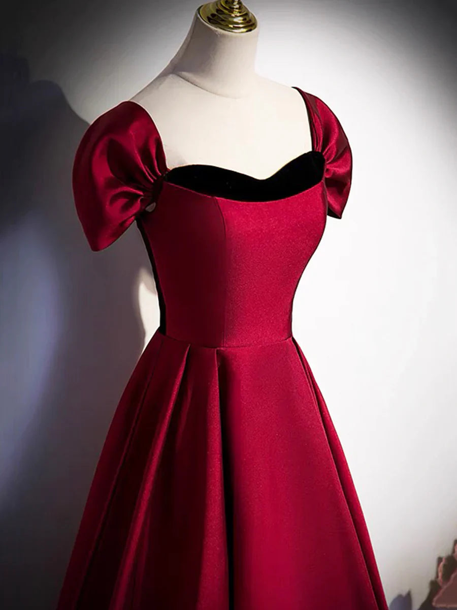 Burgundy Satin Strapless Prom Dress, Simple A-Line Party Dress with Detachable Sleeve TP194