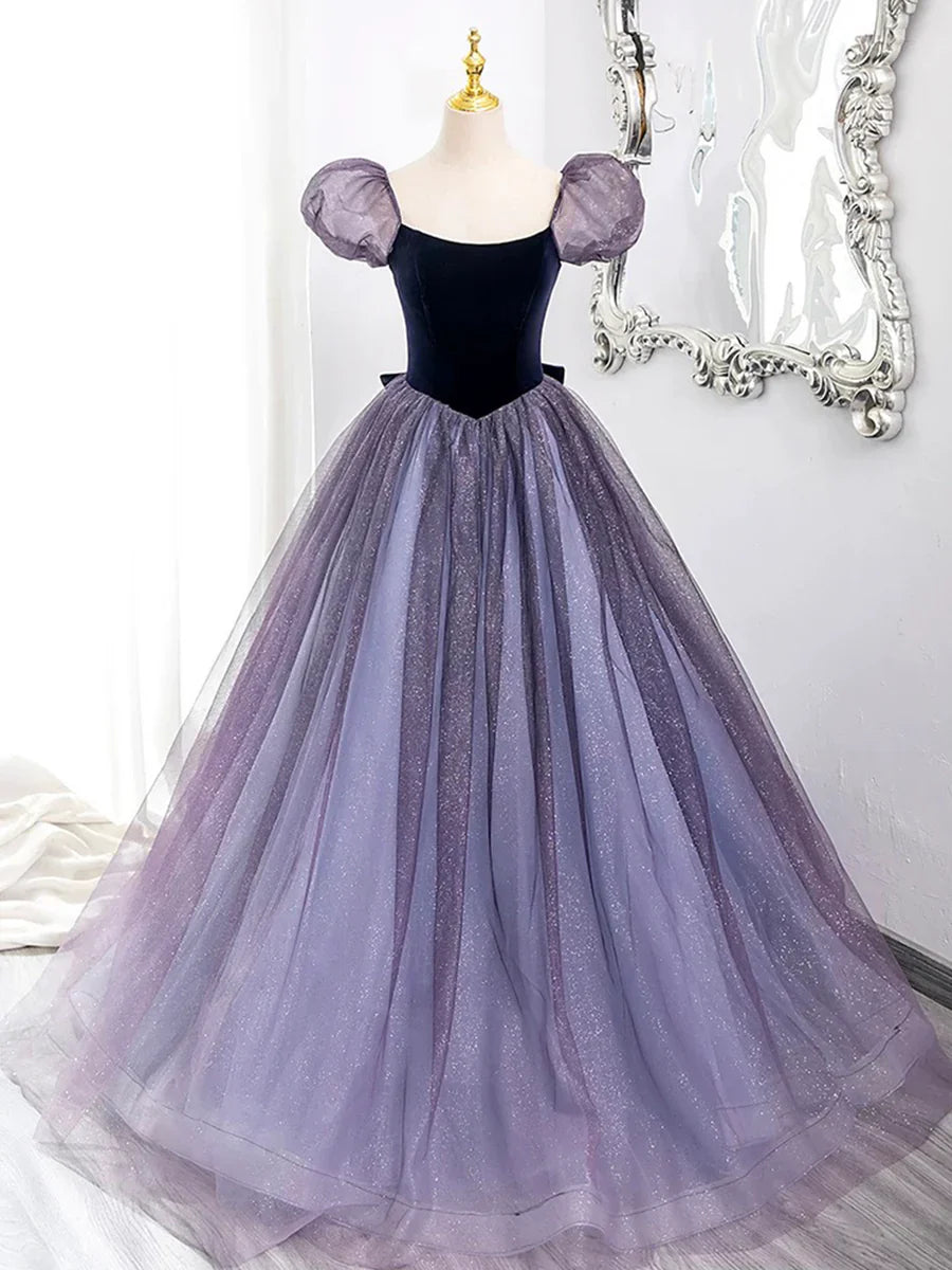 Vestido de fiesta morado de tul y terciopelo, largo hasta el suelo, precioso vestido de fiesta de corte A y manga corta TP98