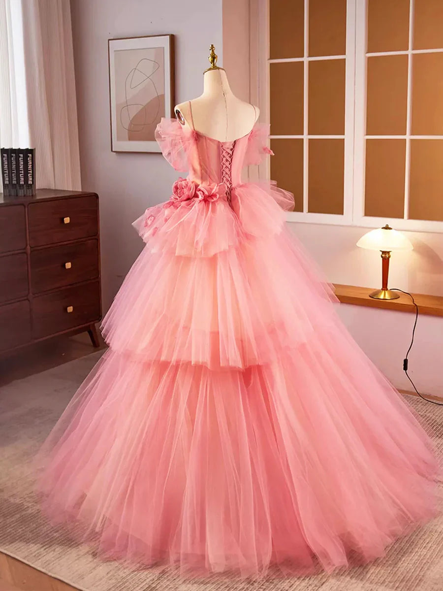 Vestido de fiesta largo de tul rosa con tirantes finos, precioso vestido de fiesta de quinceañera de corte A TP210