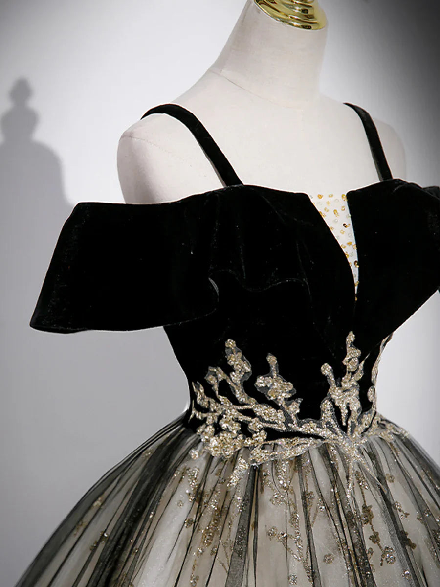 Vestido de fiesta de terciopelo negro con tul y lentejuelas, largo hasta el suelo, con hombros descubiertos, TP227