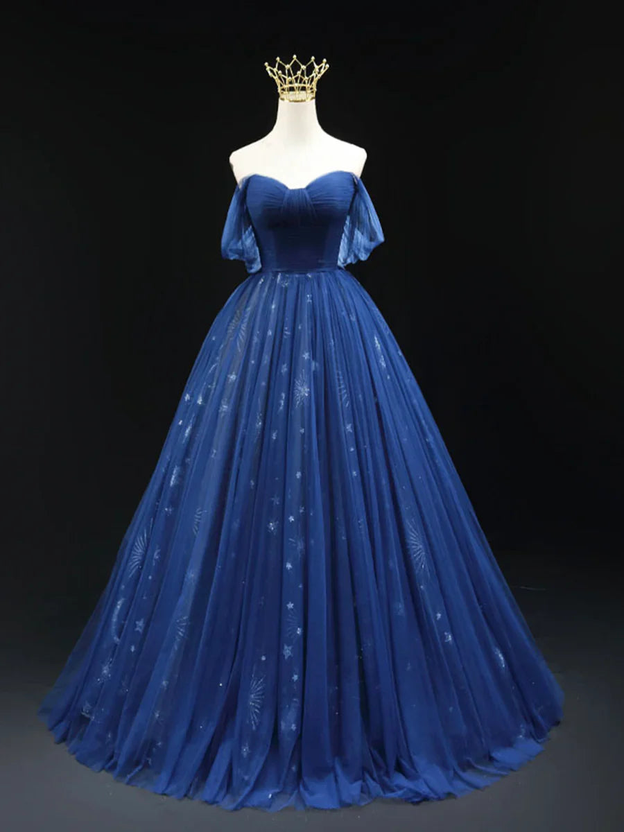 Hermoso vestido de fiesta de tul azul hasta el suelo, corte A, corte princesa, hombros descubiertos, TP228