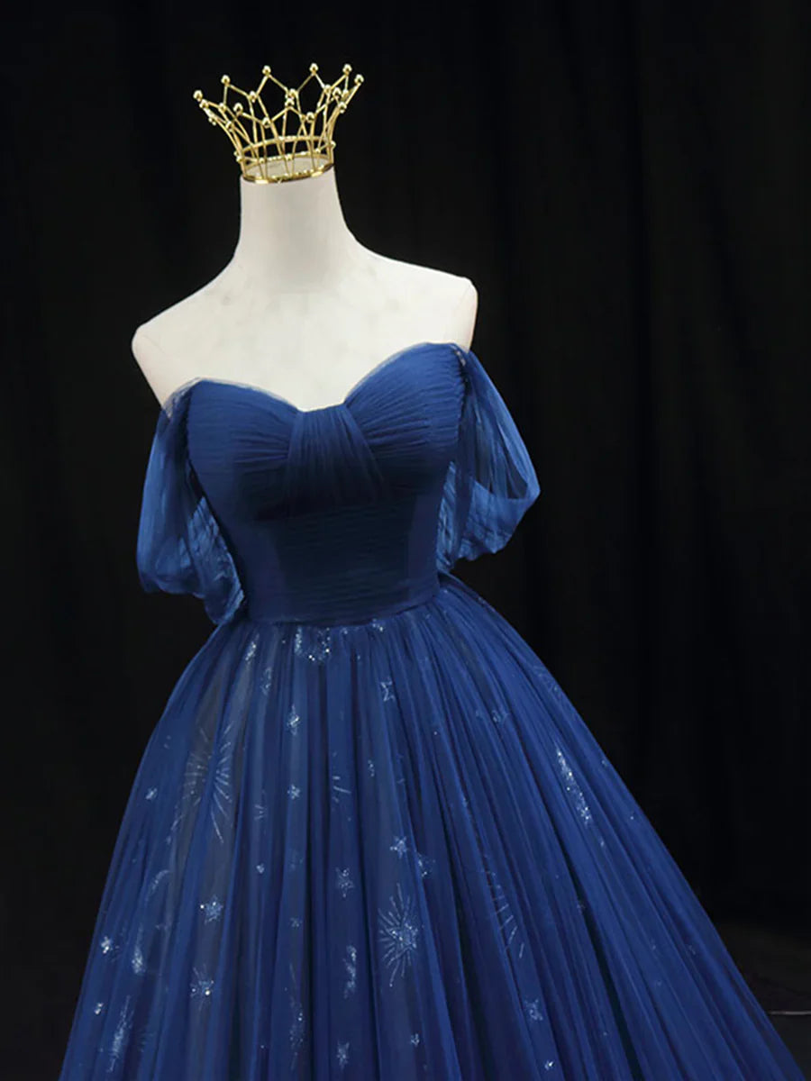 Hermoso vestido de fiesta de tul azul hasta el suelo, corte A, corte princesa, hombros descubiertos, TP228