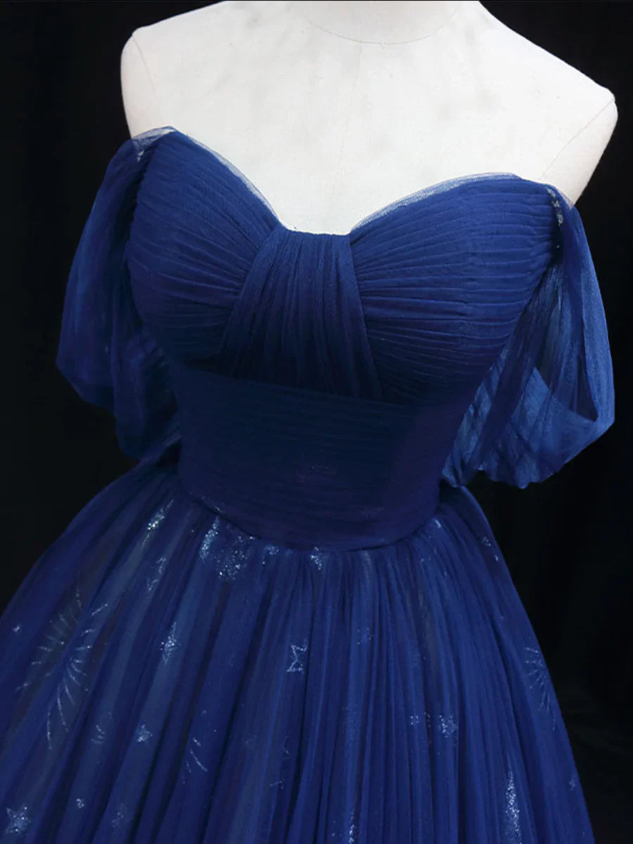 Hermoso vestido de fiesta de tul azul hasta el suelo, corte A, corte princesa, hombros descubiertos, TP228