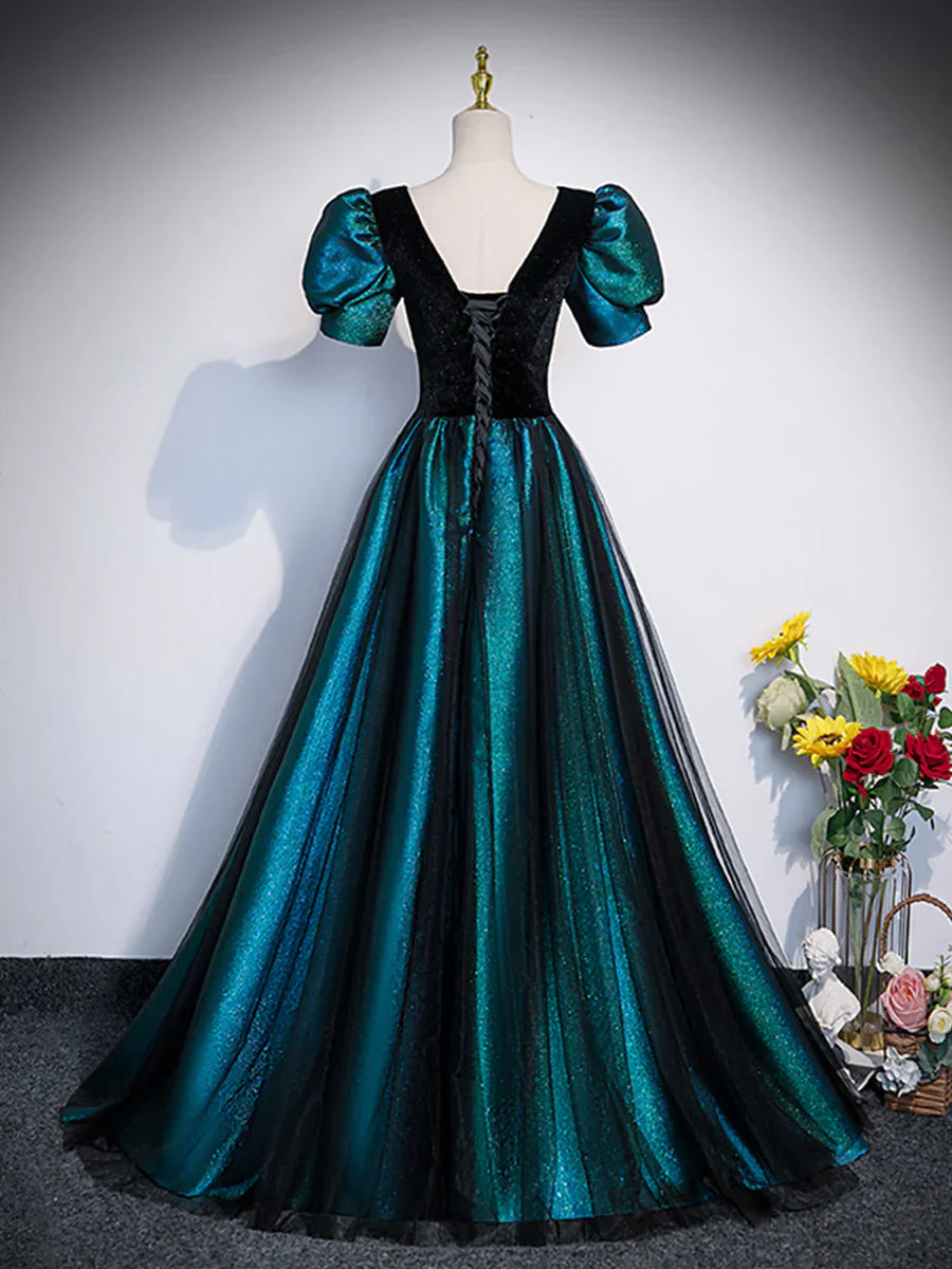 Vestido de fiesta largo único de terciopelo negro y tul, corte A, manga corta, TP240
