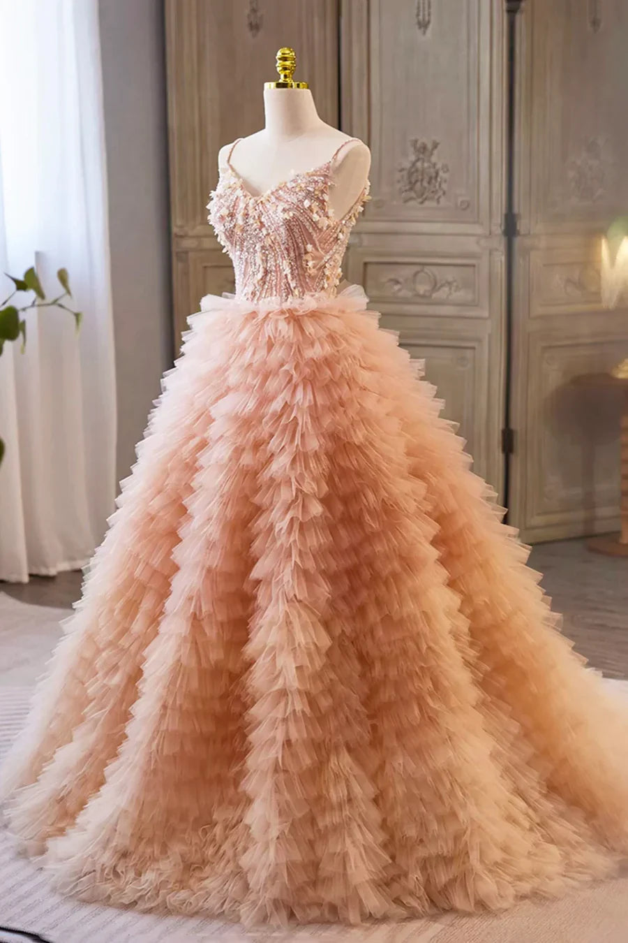 Hermosos vestidos de fiesta largos con capas de tul, vestidos de noche de corte A con tirantes finos TP248