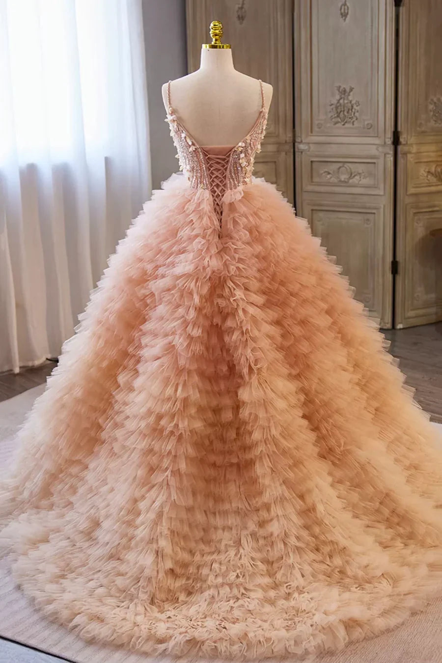 Hermosos vestidos de fiesta largos con capas de tul, vestidos de noche de corte A con tirantes finos TP248