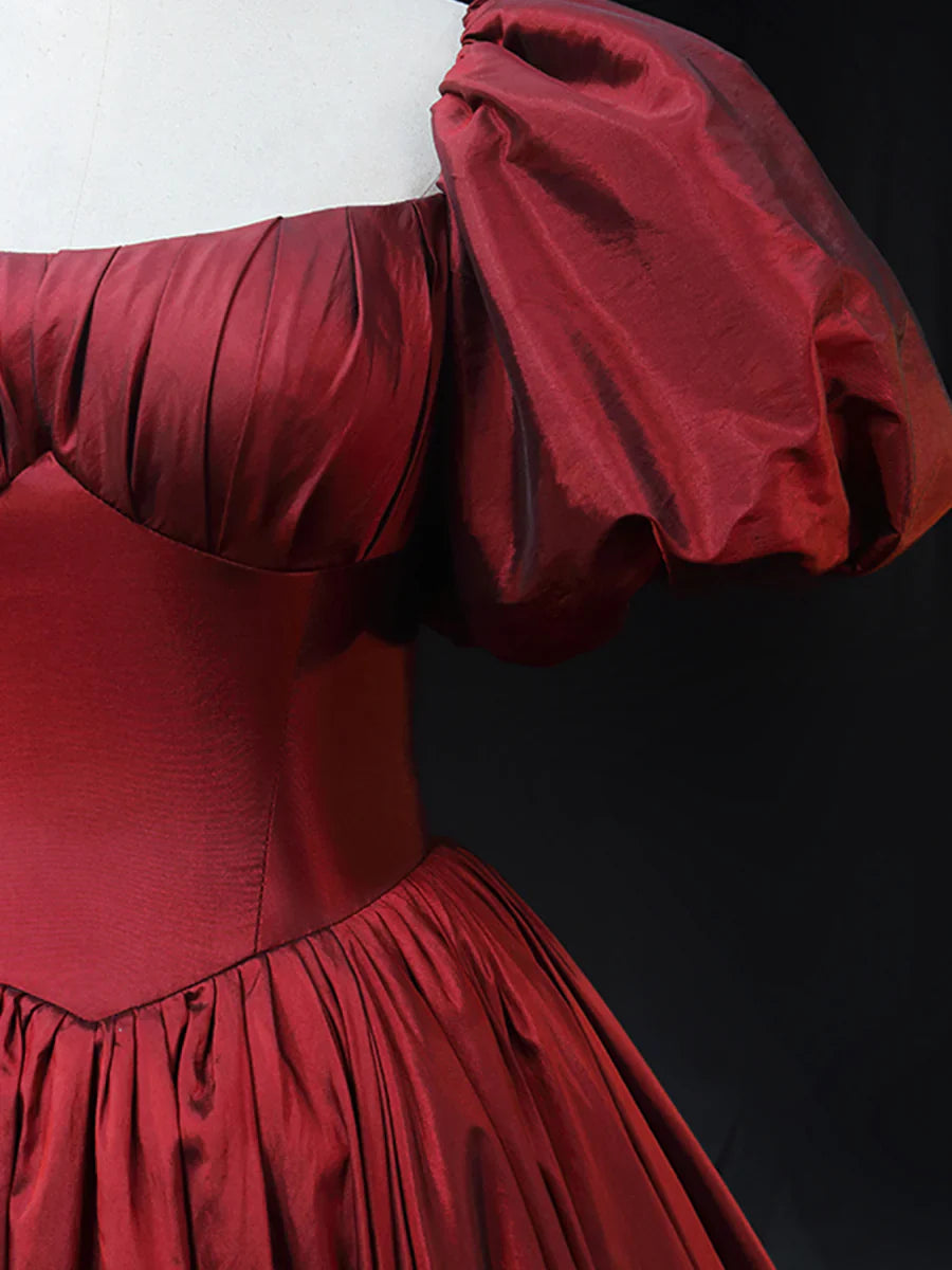 Burgundy Scoop Short Sleeves Party Dress, A-Line Long Evening Dress Prom Dress TP252