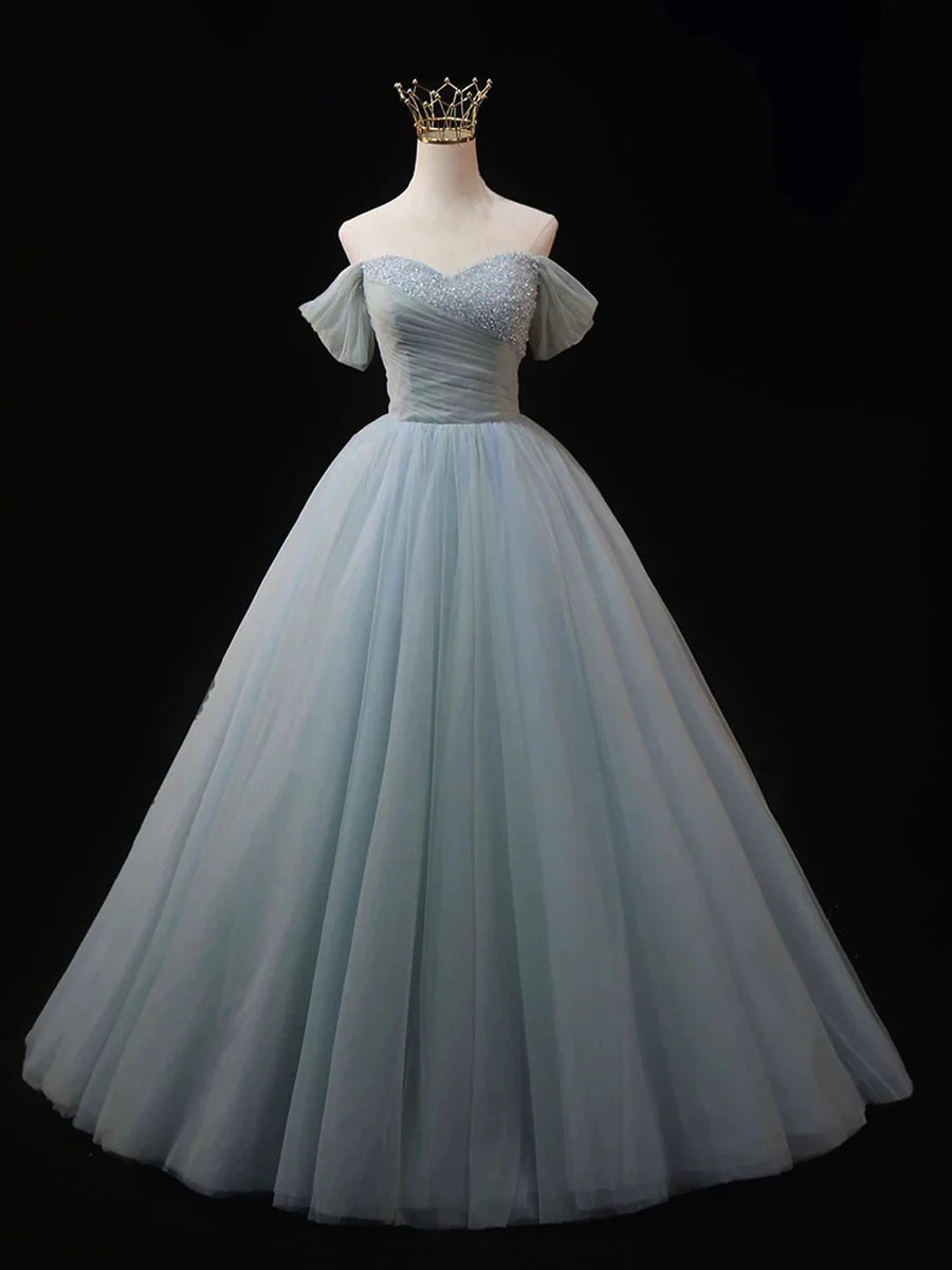 Dusty Blue Tulle Beaded Long Prom Dress, Off the Shoulder A-Line Evening Party Dress TP253