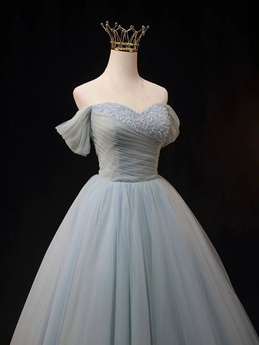 Dusty Blue Tulle Beaded Long Prom Dress, Off the Shoulder A-Line Evening Party Dress TP253