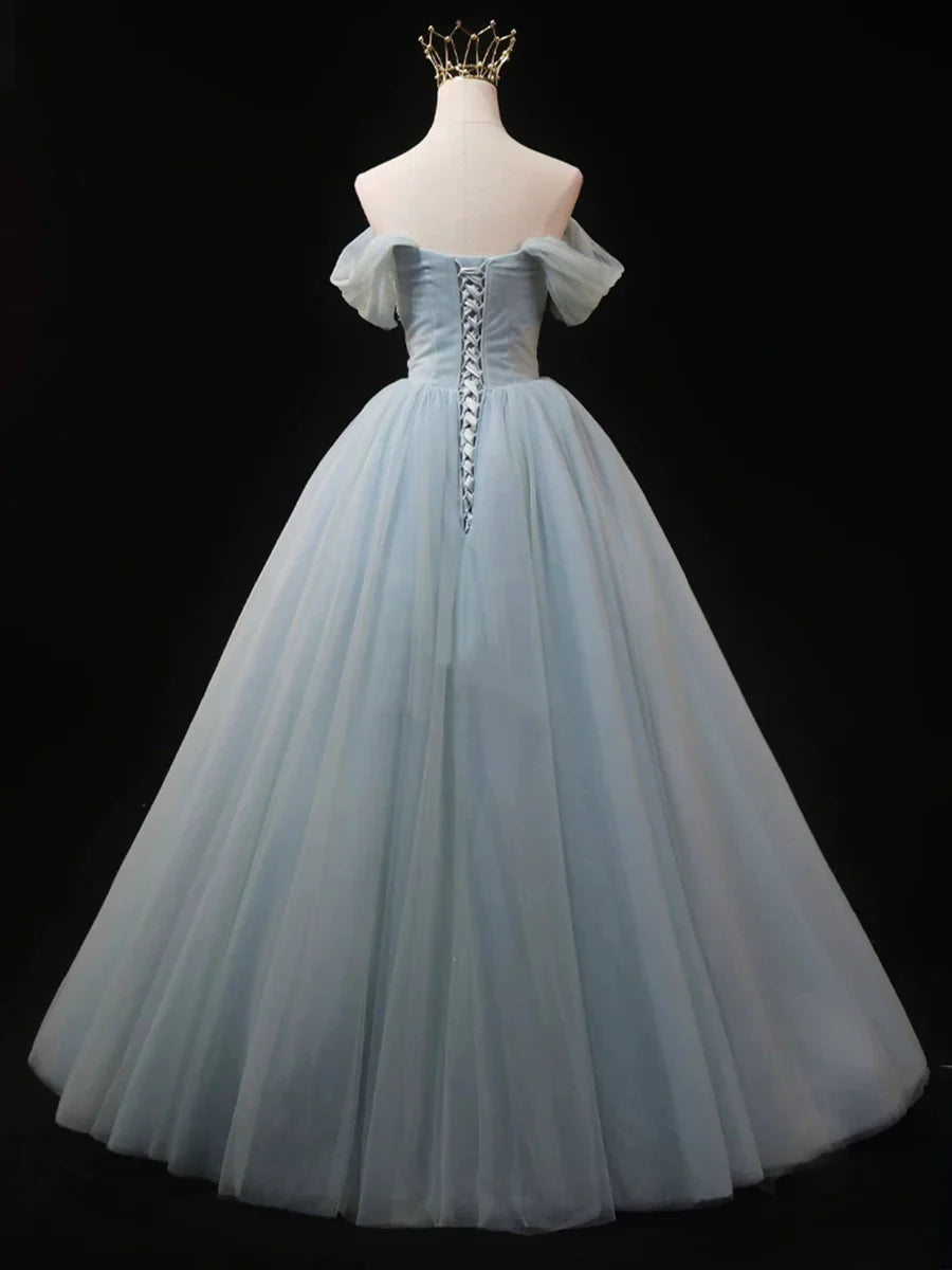 Dusty Blue Tulle Beaded Long Prom Dress, Off the Shoulder A-Line Evening Party Dress TP253