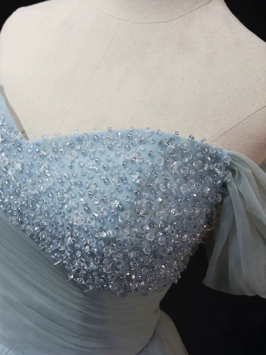Dusty Blue Tulle Beaded Long Prom Dress, Off the Shoulder A-Line Evening Party Dress TP253