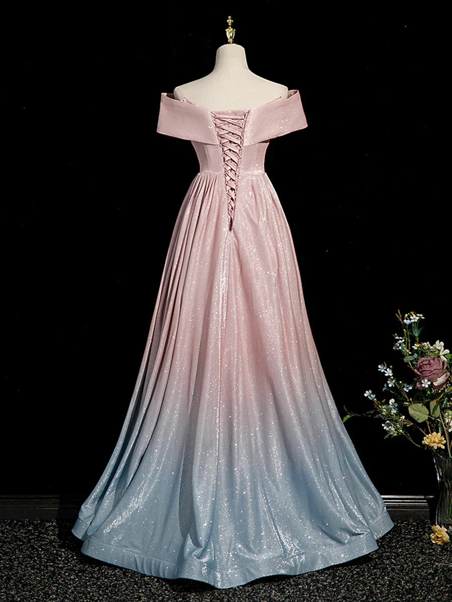 Vestido de fiesta rosa degradado brillante, largo hasta el suelo, con hombros descubiertos, corte A, TP254