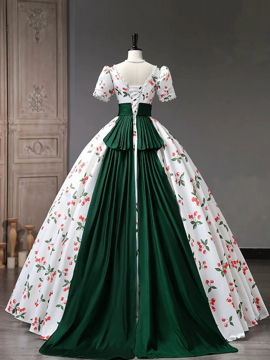 Beautiful Cherry Pattern Long Princess Prom Dress, White A-Line Short Sleeve Evening Party Dress TP257