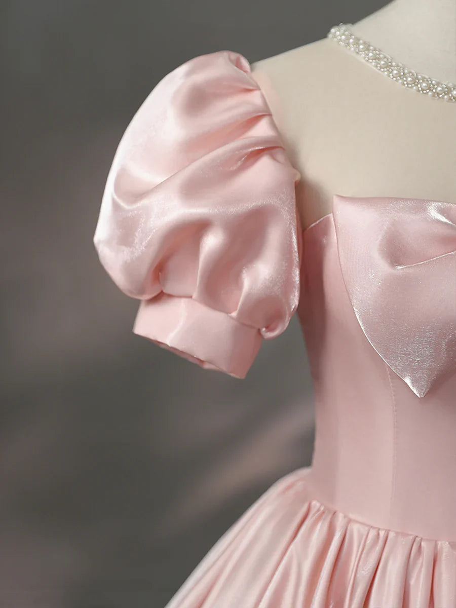 Beautiful Pink Scoop Neck Satin Floor Length Prom Dress, A-Line Short Sleeve Evening Dress with Bow TP258