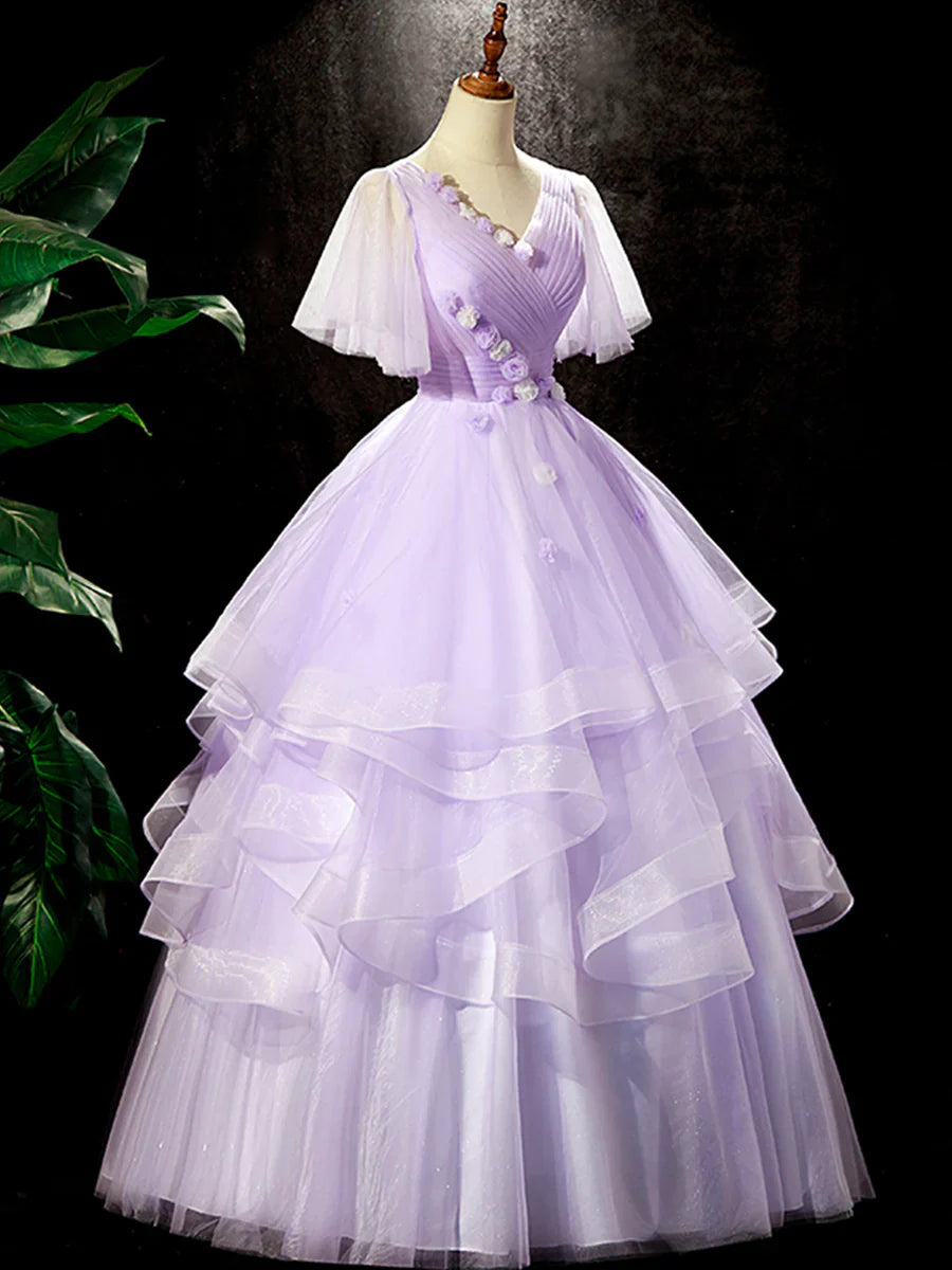 Vestido de fiesta morado con estampado floral, largo hasta el suelo, con escote en V, para fiesta de cumpleaños, TP261