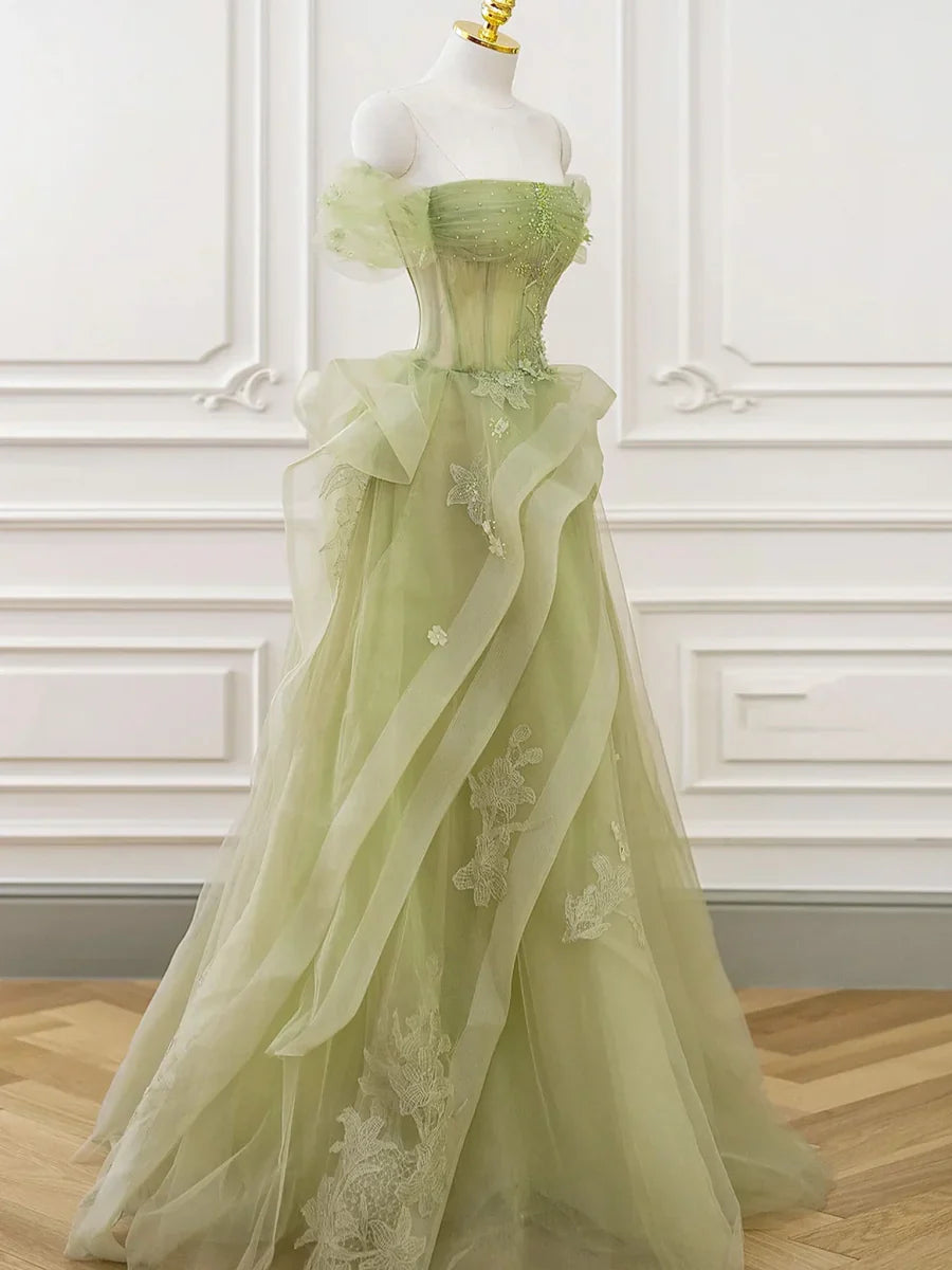 Green Tulle Long Floor Length Prom Dress, Beautiful A-Line Evening Party Dress with Lace TP264