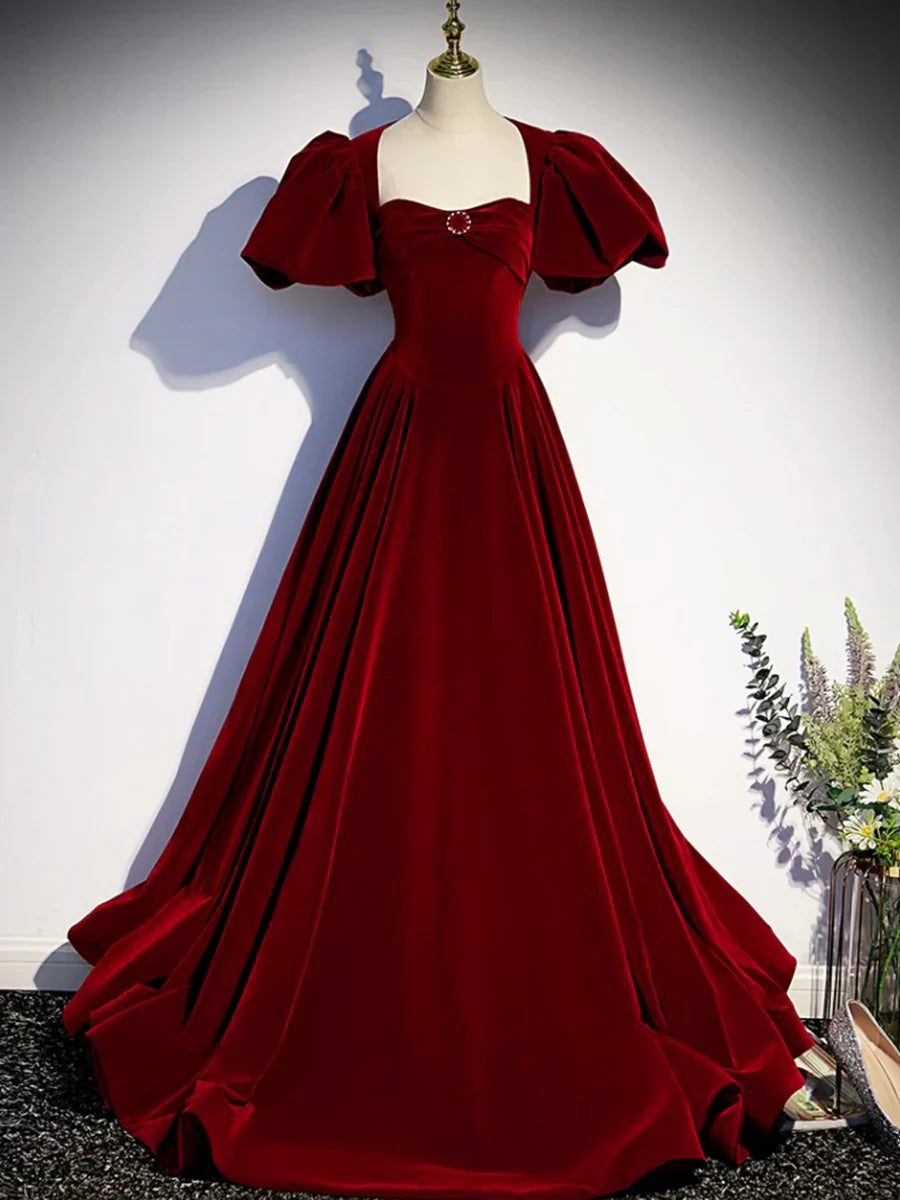 Burgundy Velvet Floor Length Prom Dress, Beautiful Open Back Evening Dress with Pearls TP266