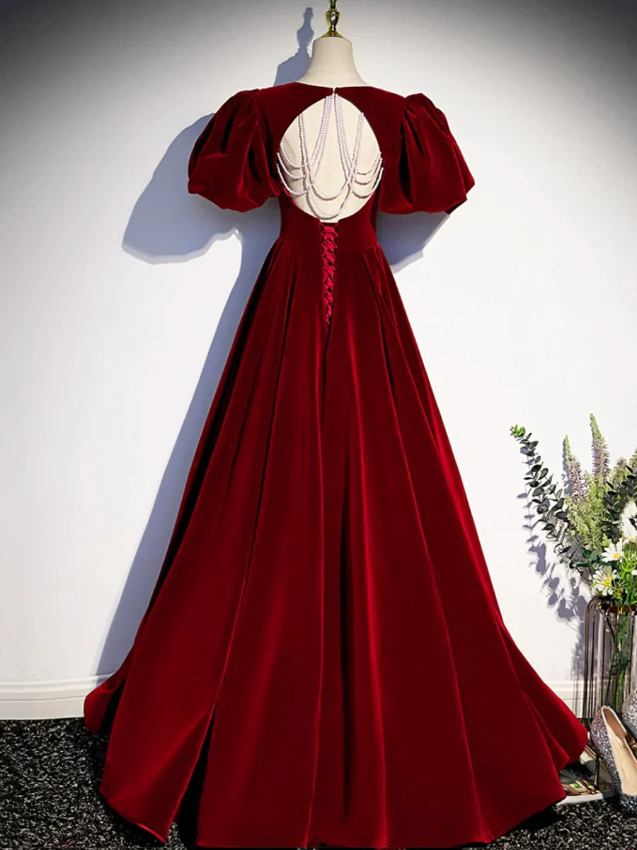 Burgundy Velvet Floor Length Prom Dress, Beautiful Open Back Evening Dress with Pearls TP266