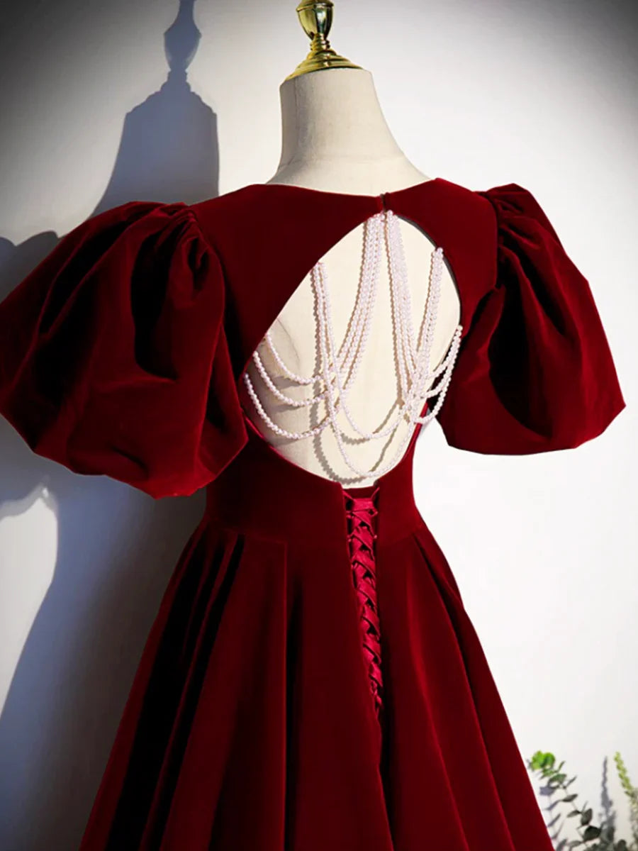 Burgundy Velvet Floor Length Prom Dress, Beautiful Open Back Evening Dress with Pearls TP266