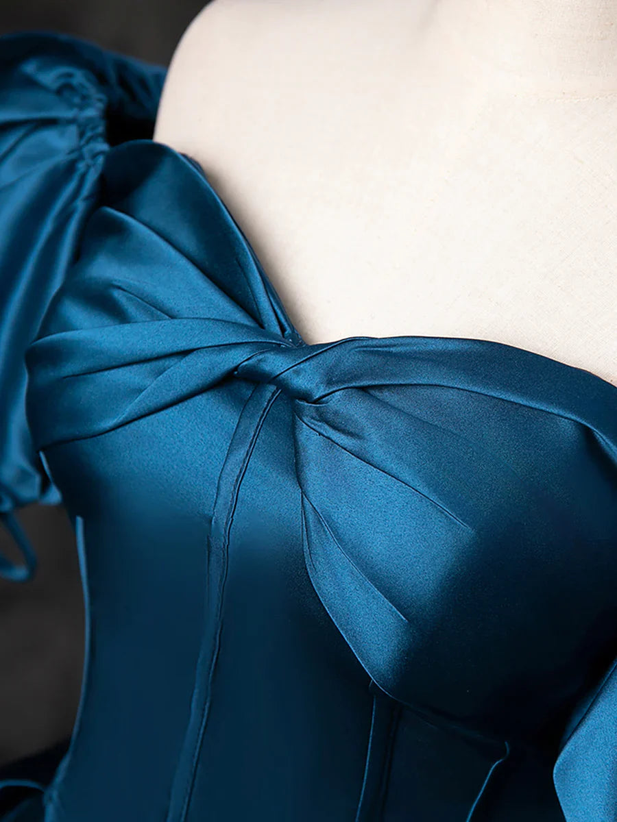 Vestido de fiesta azul de satén con hombros descubiertos y largo hasta el suelo, vestido de fiesta azul de corte A TP271