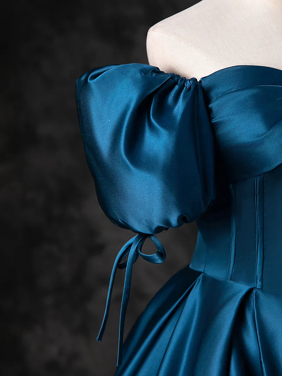 Vestido de fiesta azul de satén con hombros descubiertos y largo hasta el suelo, vestido de fiesta azul de corte A TP271