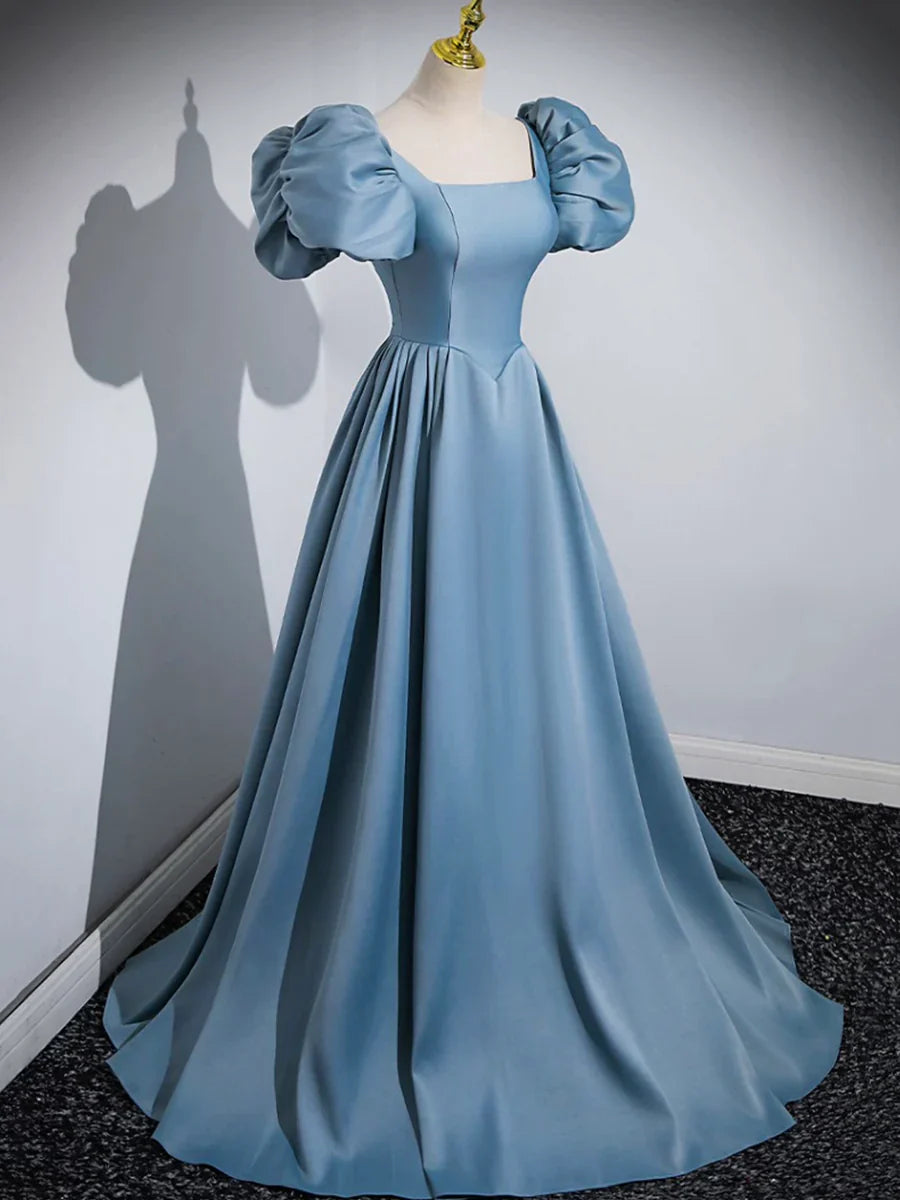 Blue Puff Sleeve Satin Floor Length Prom Dress, Blue A-Line Evening Party Dress TP274