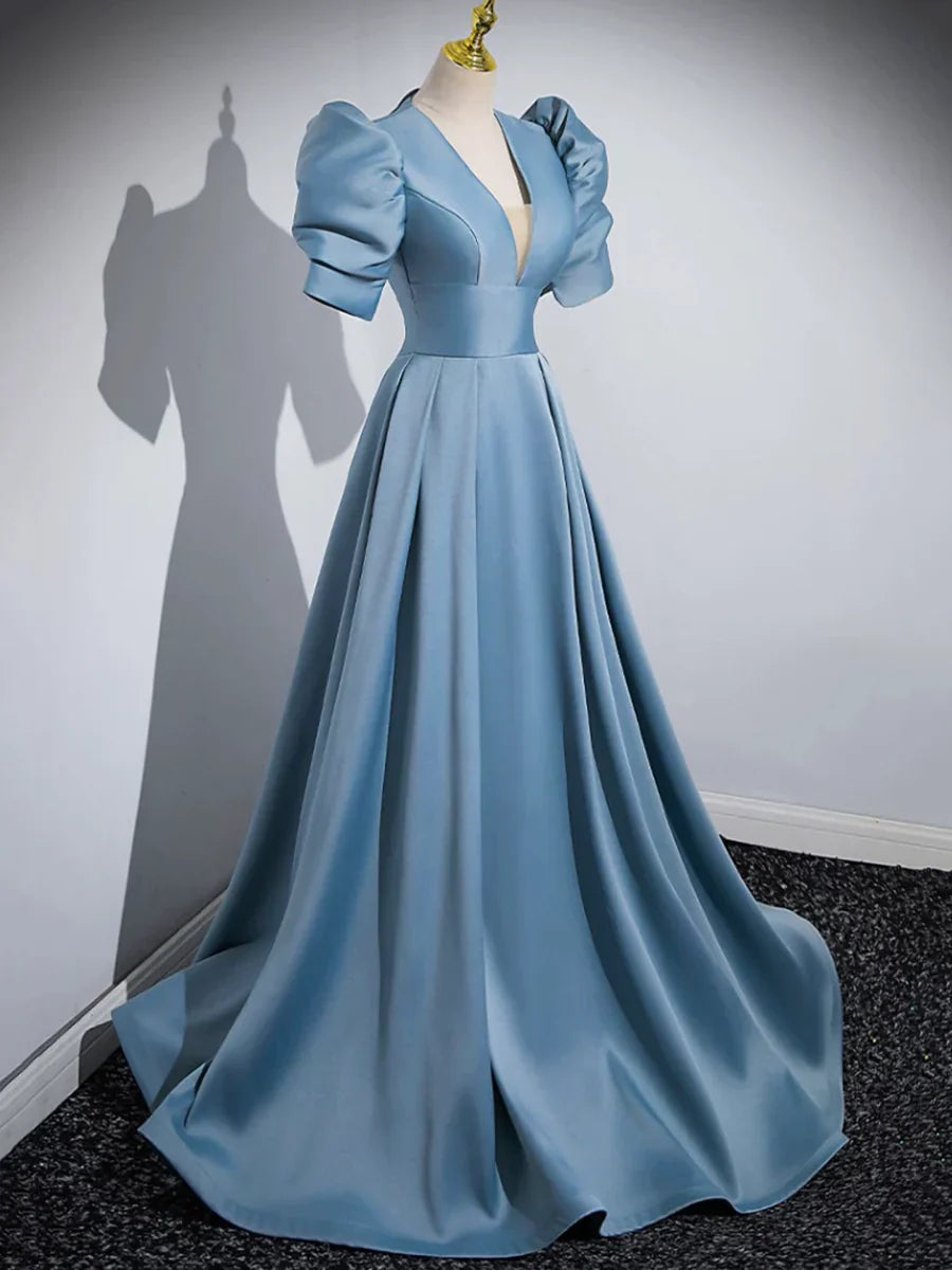 Blue Floor Length V-Neck Satin Prom Dress, Simple A-Line Evening Dress TP275