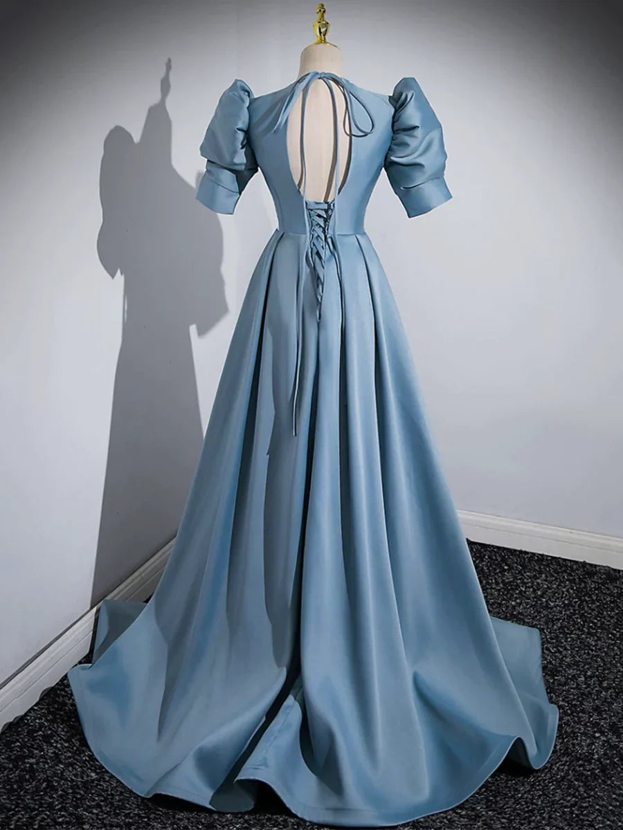 Blue Floor Length V-Neck Satin Prom Dress, Simple A-Line Evening Dress TP275