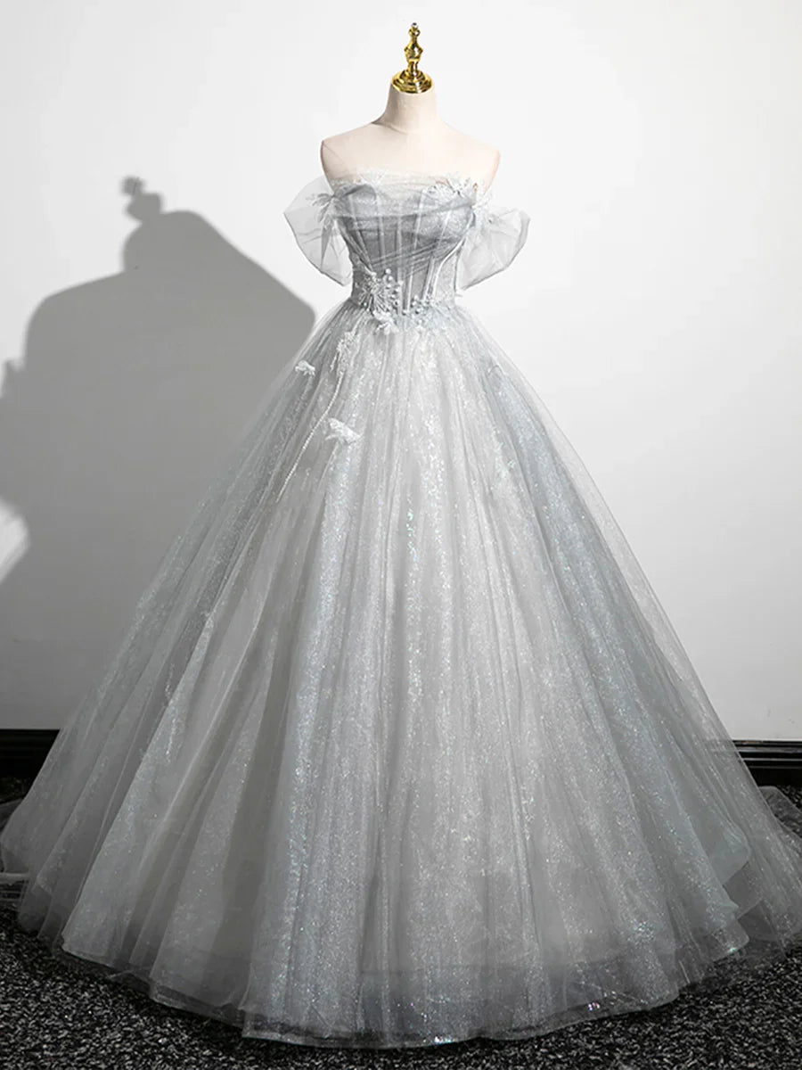 A-Line Off the Shoulder Sparkly Prom Dress, Gray Tulle Corset Floor Length Evening Dress TP278