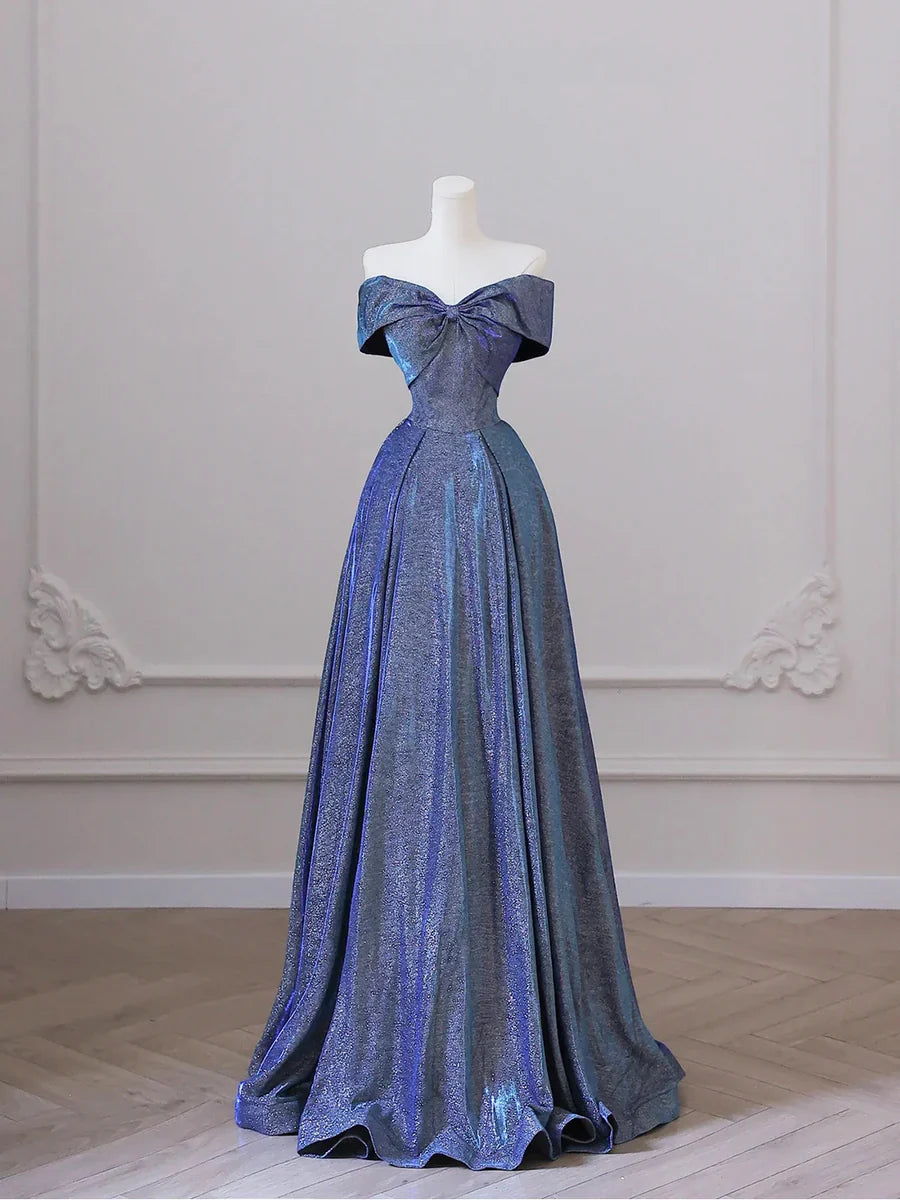 Vestido de fiesta azul brillante con hombros descubiertos y corte en A, largo hasta el suelo, TP282