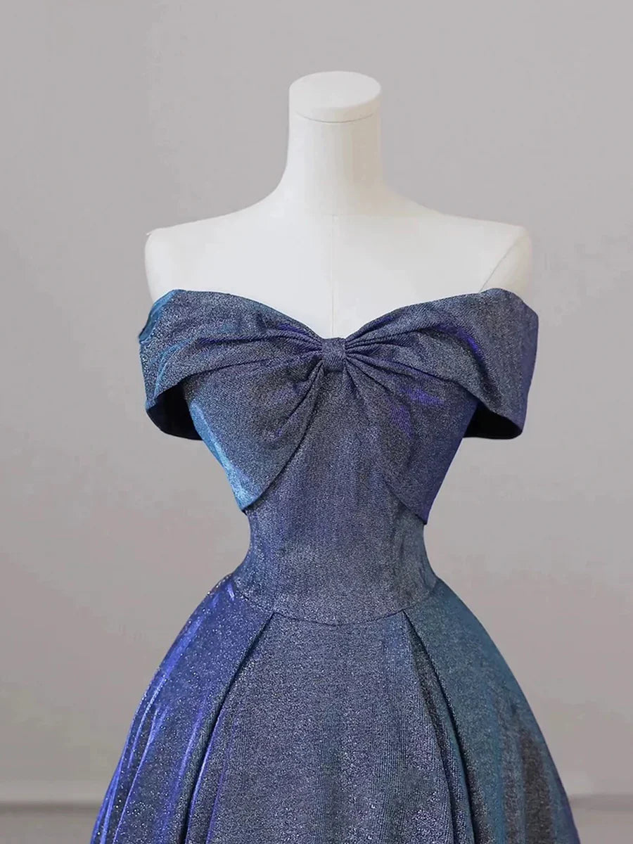 Vestido de fiesta azul brillante con hombros descubiertos y corte en A, largo hasta el suelo, TP282