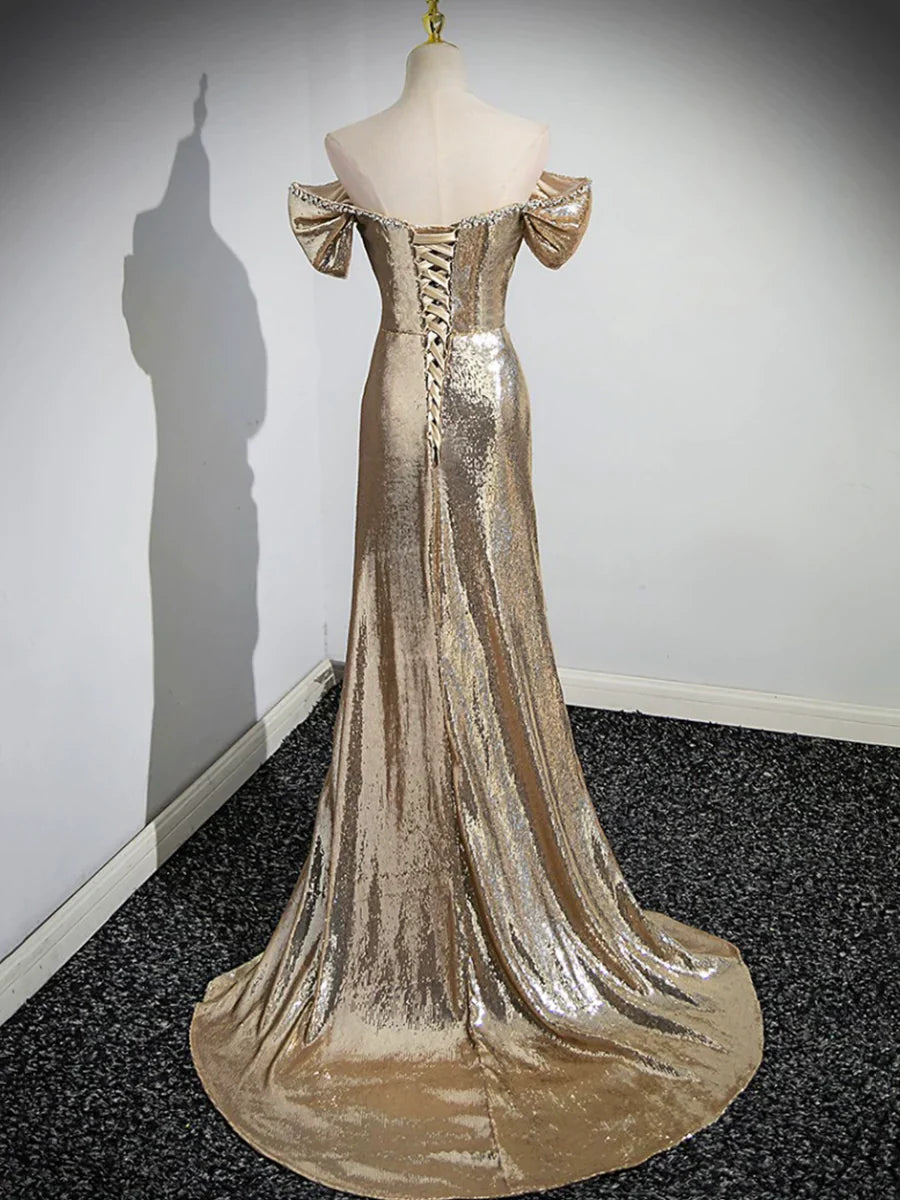 Gold Sequins Floor Length Prom Dress, Mermaid Off the Shoulder Evening Party Dress TP283