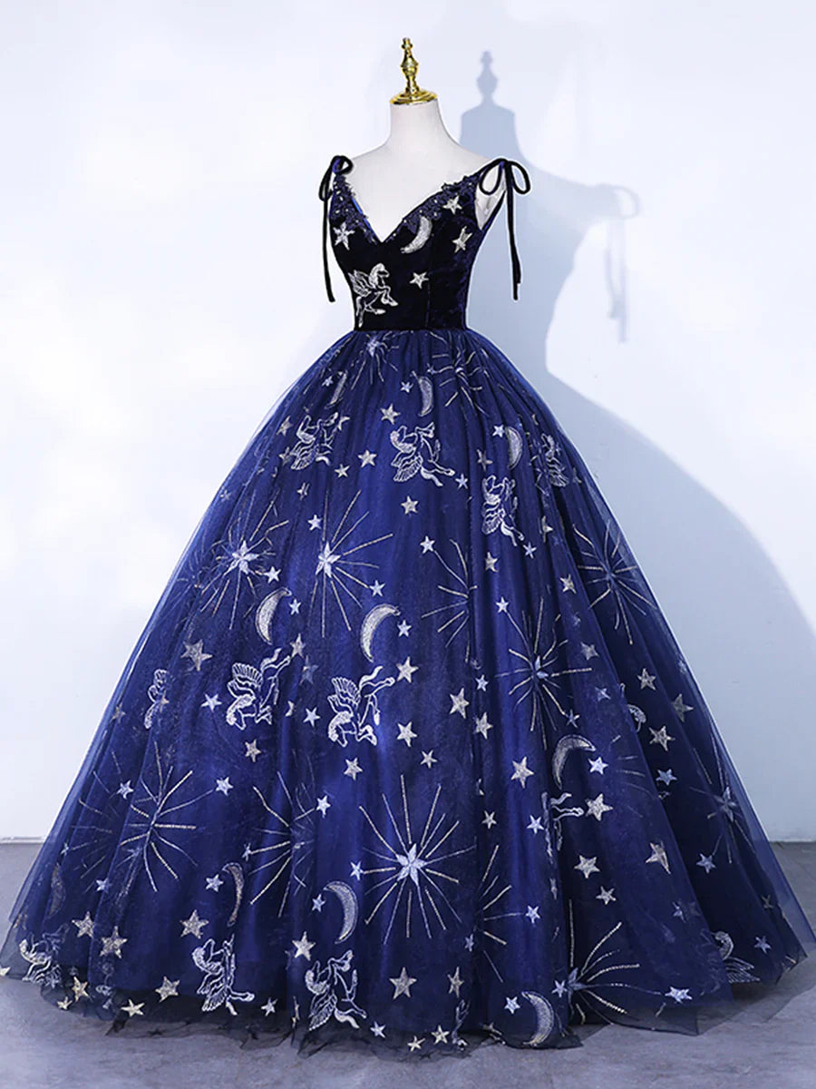 Vestido de fiesta largo de tul azul marino con tirantes finos, encaje floral y espalda descubierta TP284