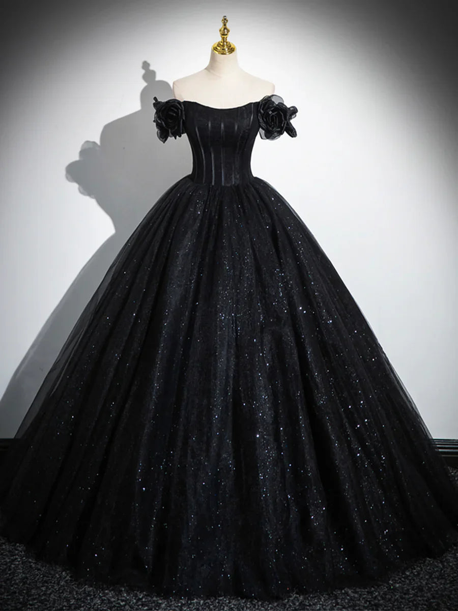 Vestido de noche negro con escote en forma de corazón y tul brillante, corte A y hombros descubiertos TP288