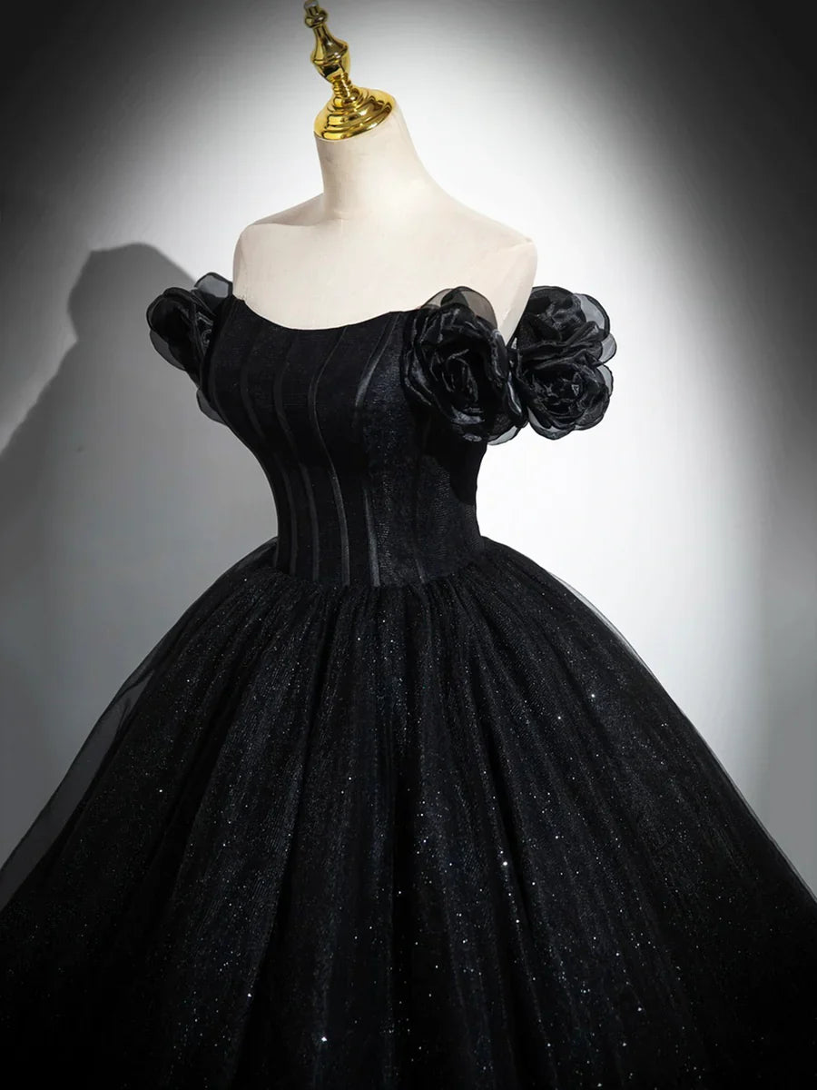 Vestido de noche negro con escote en forma de corazón y tul brillante, corte A y hombros descubiertos TP288