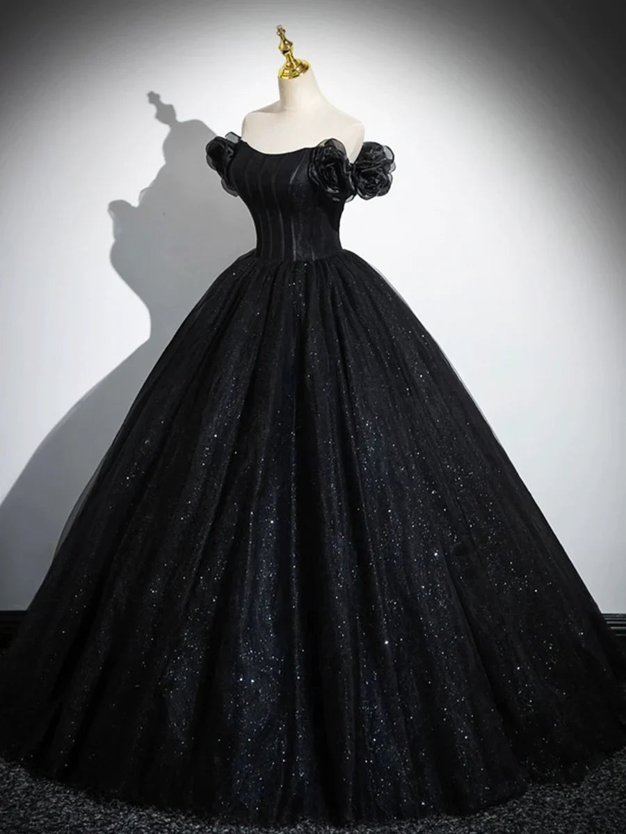 Vestido de noche negro con escote en forma de corazón y tul brillante, corte A y hombros descubiertos TP288