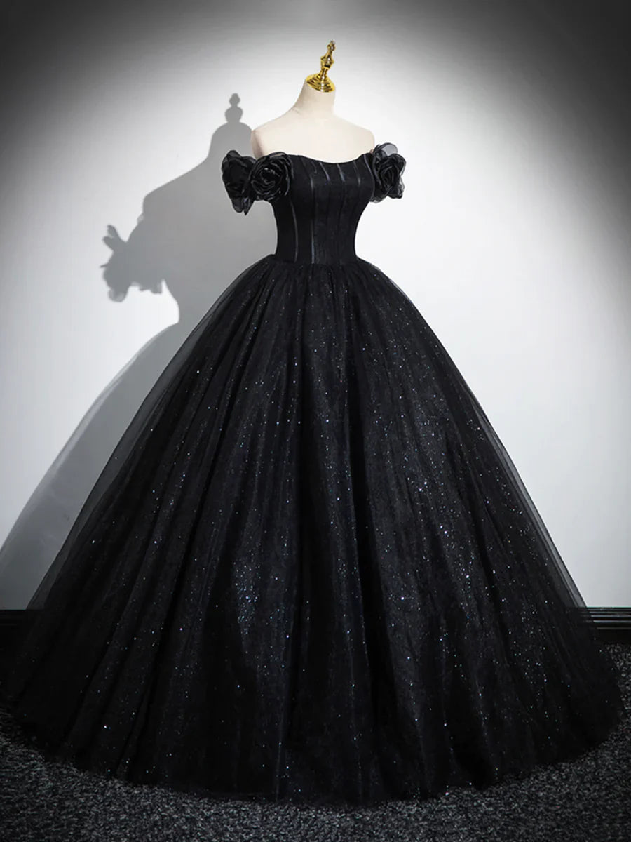 Vestido de noche negro con escote en forma de corazón y tul brillante, corte A y hombros descubiertos TP288